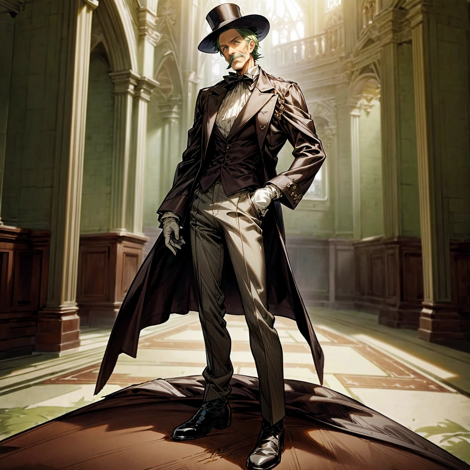 Solo character, old man, tall height, full body version, green colour hair, short haircut, formal suit clothing, white color clothing, brown pants, boots, gloves, indoor, medieval, Castle, top hat pandora, (moustache), (black clover style art), detailed clothing, detailed hair, detailed background, standing gesture, blue fire in hand, smile mouth,