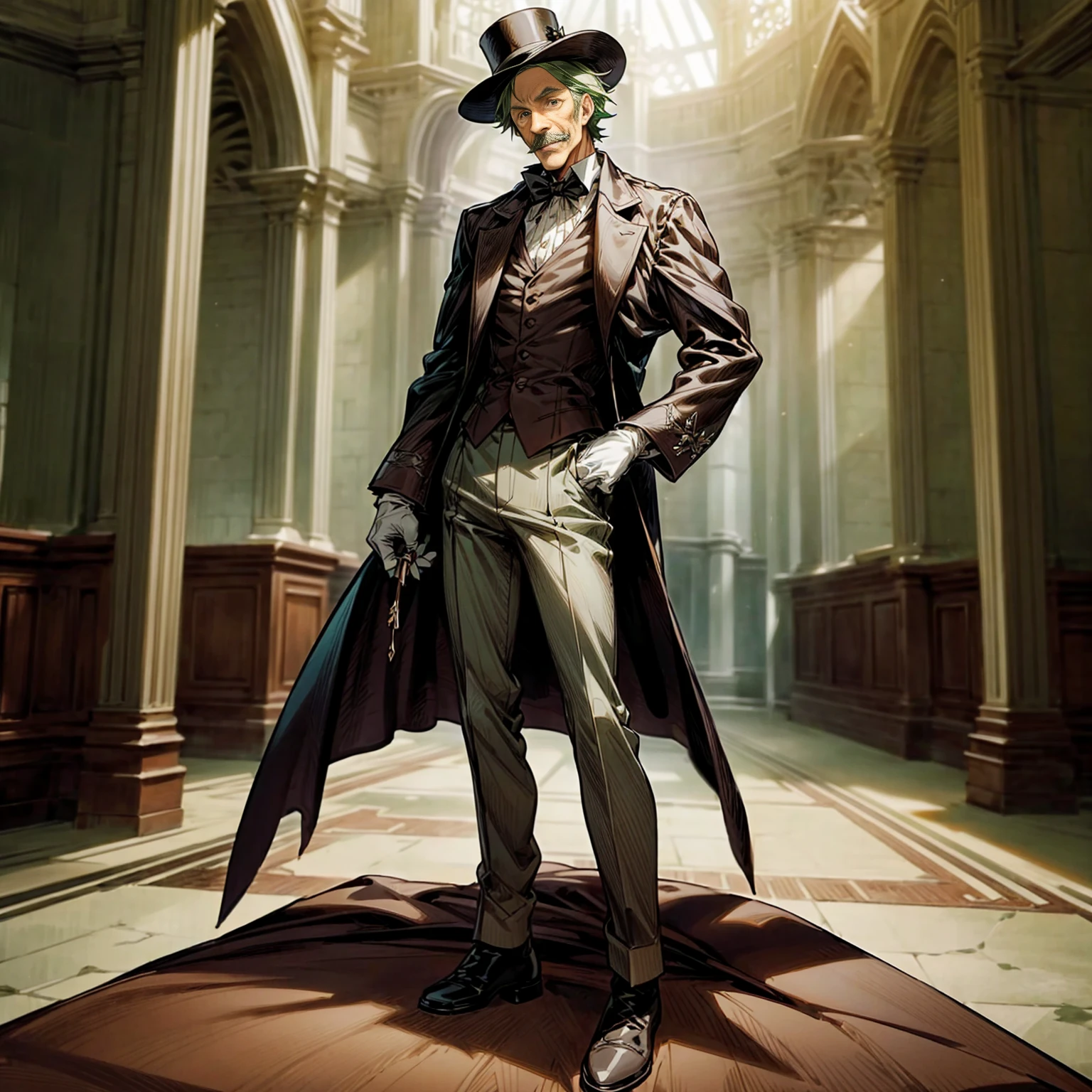 Solo character, old man, tall height, full body version, green colour hair, short haircut, formal suit clothing, white color clothing, brown pants, boots, gloves, indoor, medieval, Castle, top hat pandora, (moustache), (black clover style art), detailed clothing, detailed hair, detailed background, standing gesture, blue fire in hand, smile mouth,