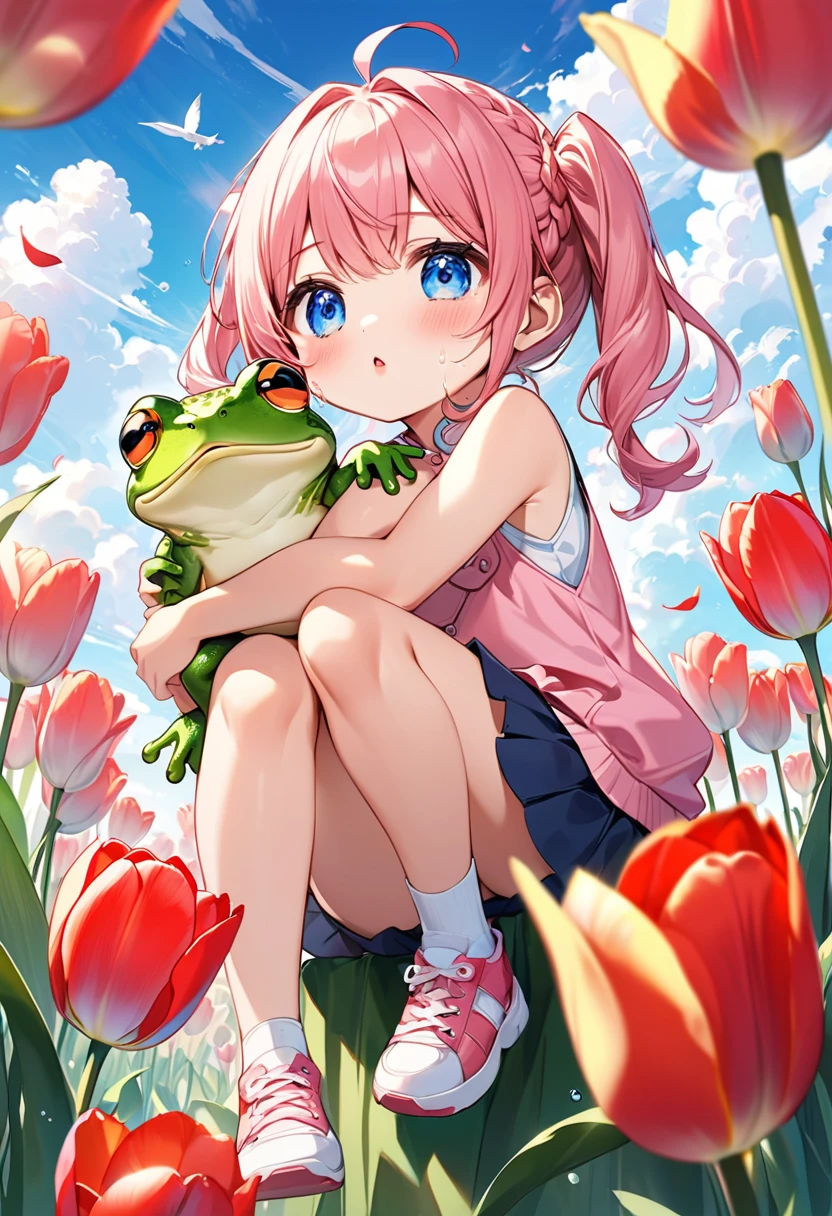 Highest quality、High resolution、Detailed Background、Beautiful face in every detail、Anatomically correct、Detailed facial expressions、fine grain、((full body, from below:1.8, side shot, looking away:1.2)), break ((One Girl:1.2)、(Chibi Girl:1.2))、Cute hair color、Big beautiful blue eyes、Fuller lips、Pink Lips、Braided twin tails、Ahoge、(Sitting in a tulip field holding a frog:1.2、Knees、Holding a frog in both hands:1.2)、(Cute sleeveless spring outfit、mini skirt、Cute sneakers)、break ((Kiss the frog:1.2))、I have nothing in my hands、(Crying face:1.2、Big tears in my eyes:1.2)、、break (The background is the spring sky、Spring Clouds、((Big Frog:1.2)))