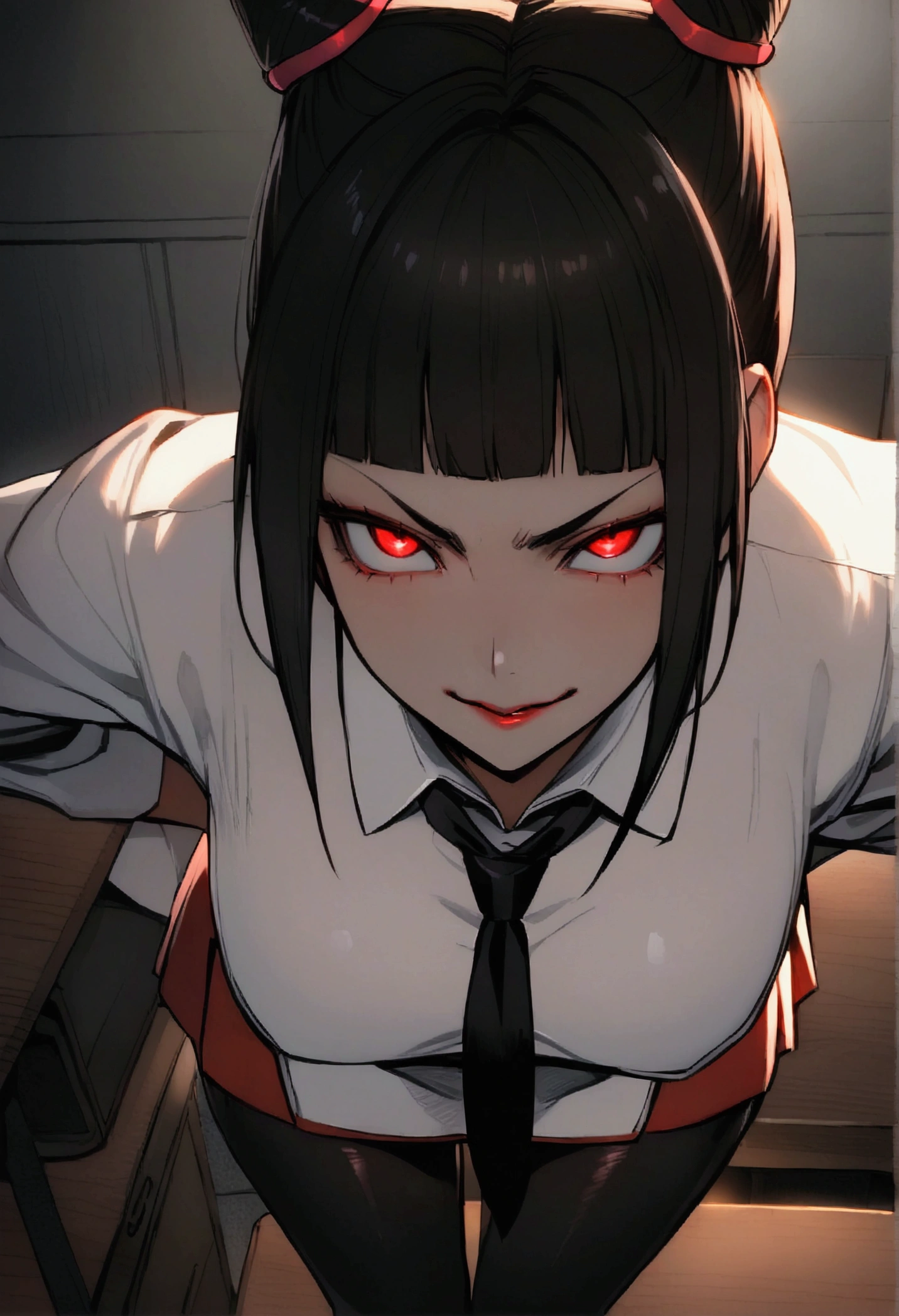 Juri Han, Artwork, fitted white secretary shirt with black tie, mini skirt short, skirt short,black tights, Bblack hair, blackstockings,Evil smile,desk,bangs on the eyes,Lighting,horn of hair,red eyes glowing,neckleace,labiaa,sultry posing
