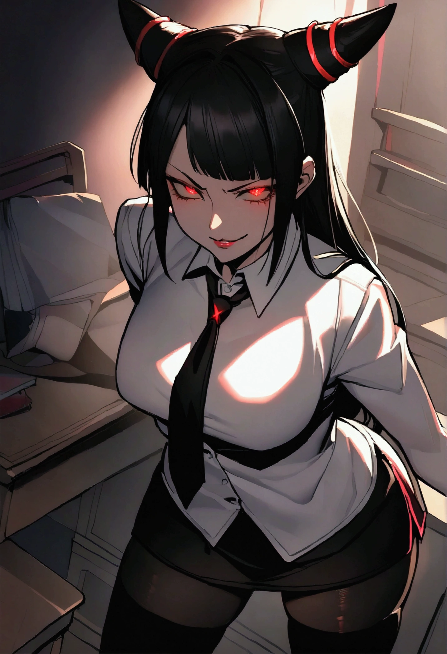 Juri Han, Artwork, fitted white secretary shirt with black tie, mini skirt short, skirt short,black tights, Bblack hair, blackstockings,Evil smile,desk,bangs on the eyes,Lighting,horn of hair,red eyes glowing,neckleace,labiaa,sultry posing
