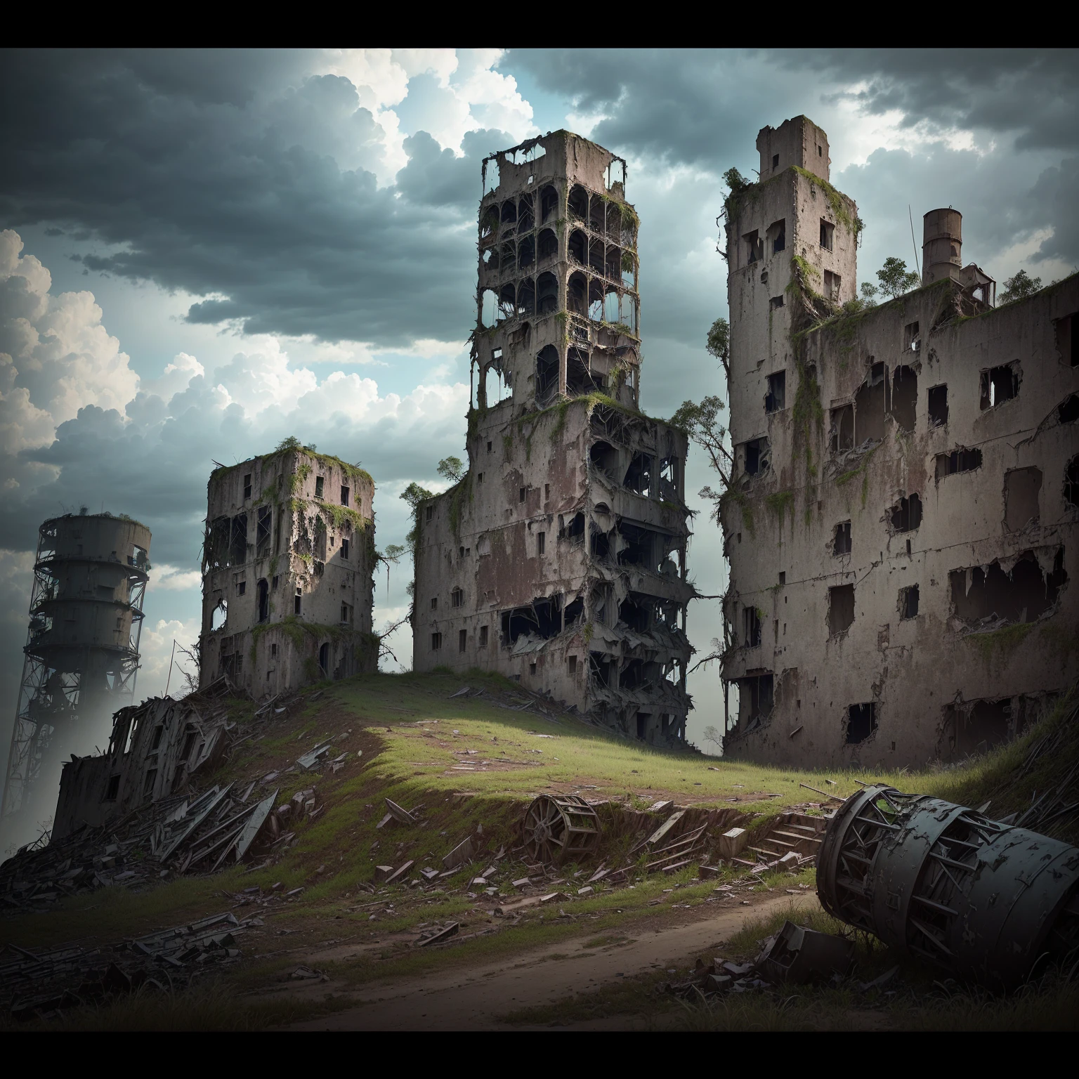 There is a tall tower sitting on a mountain with a cloudy sky, dark ruins landscape, old ruins tower, lookout tower, abandoned ruins landscape, Hard Tower, In the cyberpunk countryside, post processed denoised, abandoned building, watertank, collapsed water tower, author:Christopher Zefarovich, an abandoned old