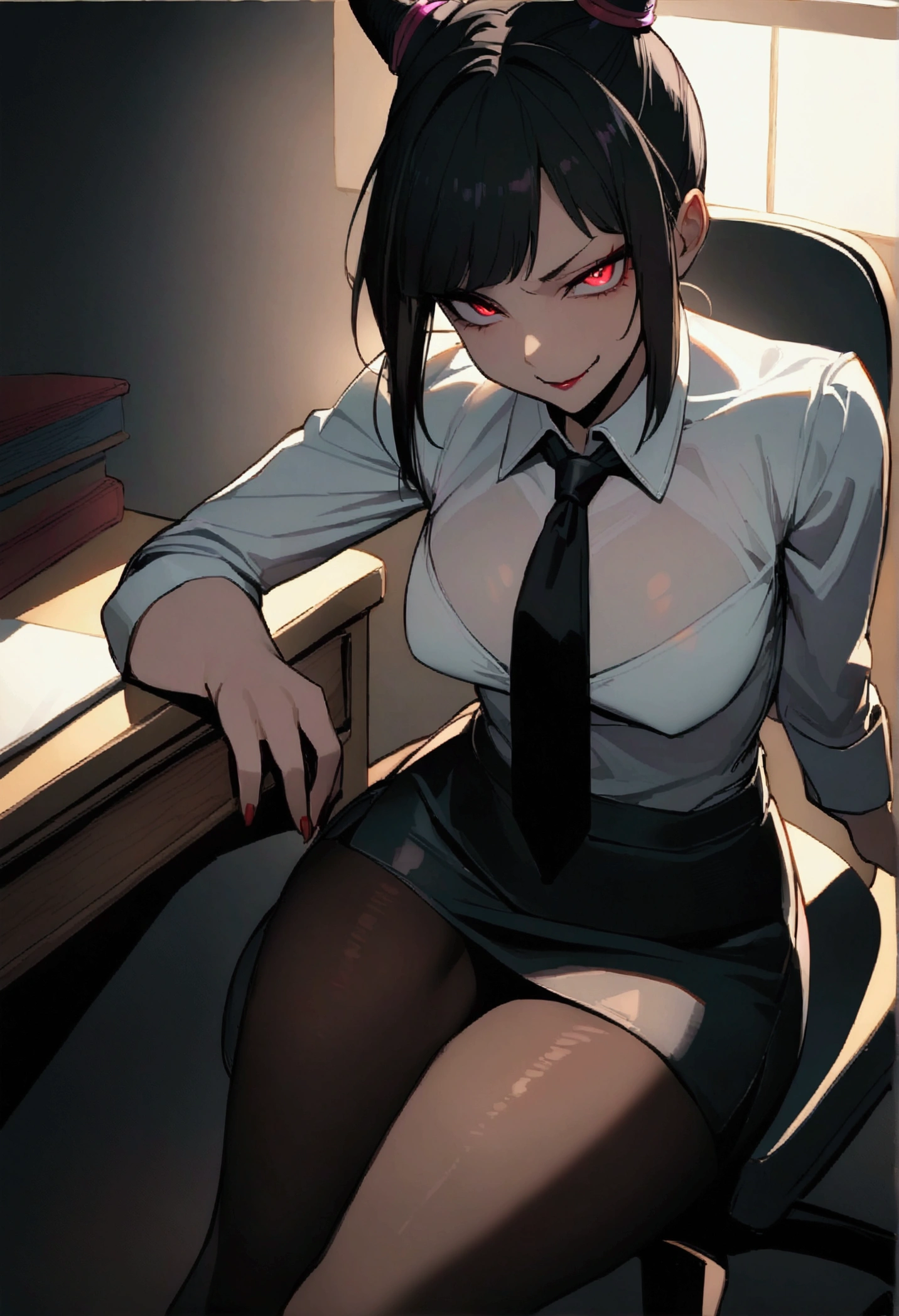 Juri Han, Artwork, fitted white secretary shirt with black tie, mini skirt short, skirt short,black tights, Bblack hair, blackstockings,Evil smile,desk,bangs on the eyes,Lighting,horn of hair,red eyes glowing,neckleace,labiaa,sultry posing,sitting on a chair
