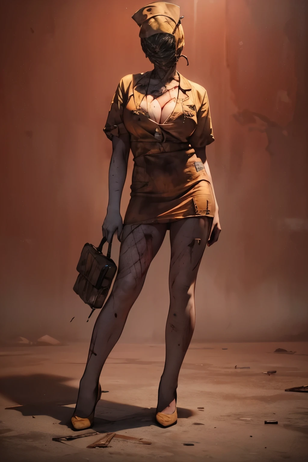 1 girl,alone,outside,(Full body:1.3),ruanyi0227,Stand,faceless,no eyes,nurse,nurse cap,red background,(huge breasts:1.3),gore,Rocklift,bandages,nurse \(Silent Hill\),(bodhor:1.2),((Disgusting body horror)),, best quality,​masterpiece,highres,offcial art,Extreme detail CG Unity 8K wallpaper