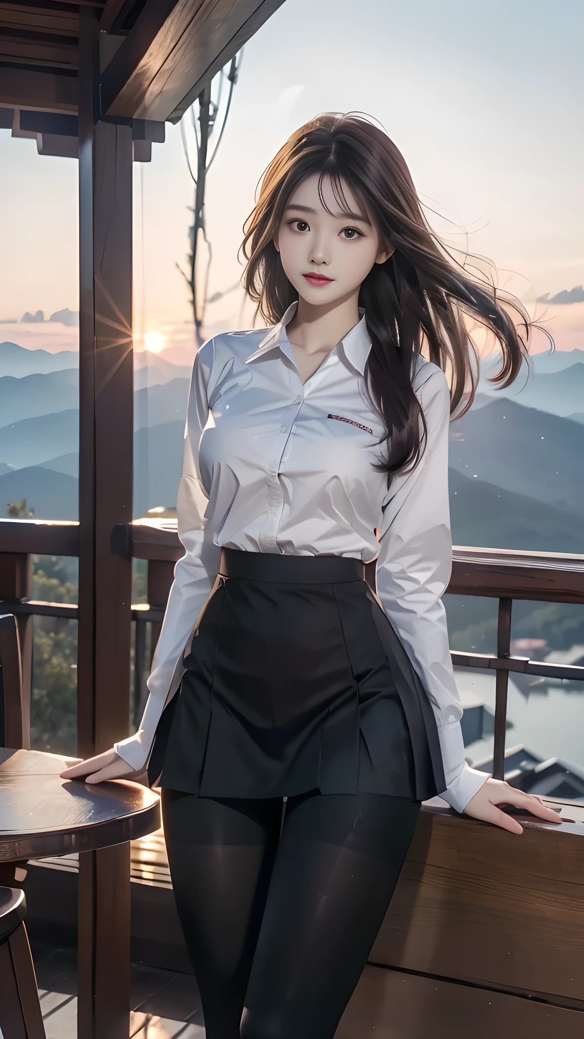 ulzzang-6500-v1.1, (RAW photo: 1.2), (Real photo), (Real photo: 1.4), 1 girl、Perfect anatomy、20 years old、Looking at the camera、Medium length hair、Uniform skirt, watching the sunset, ((in the mountains: 1.1))、(Hyperrealistic tights: 1.2), (Business service)、Asian eyes Ella,