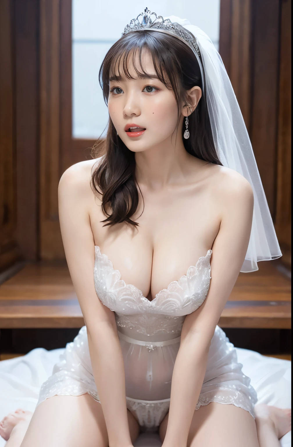 naked,Like the whole body," shape, Bride's white outfit, small silver tiara,huge ,sloppy and droopy breasts, Heavy chest almost exposed ,Fully visible bust,Sheer princess skirt,Church wedding,There is a large crowd of participants behind you, Perfect body, (Highest quality, 4K, 8k, High resolution, Tabletop:1.2), Very detailed, (Realistic, Realistic, Photorealistic:1.37), Royal, Enchanting, (Vibrant colors, Sharp Chest:1.1), Soft lighting", (((100% Transparent dress))). (((100% Transparent micro panties))). Deep cleavage. (((100%-Good transparency))). Navel exposed. (((Narrow waist))). (((Orgasm Facial))). (((Open your mouth))), (((Narrow waist))), (((Perfect sexy body))), (((Heavy chest)))),(((perfect proportion))), (((orgasm face))),(((open mouth half))), (((insert hand between legs))), 