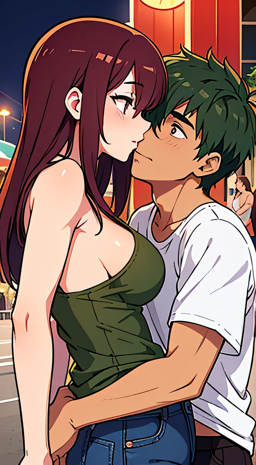 Amazing portrait of a man wearing maroon full sleeved t shirt and ripped jeans kissing a sexy woman wearing a olive green tank top paired with a white shirt and pants in an amusement park with soft lighting showcasing their amazing bodies tangled together with love and lust