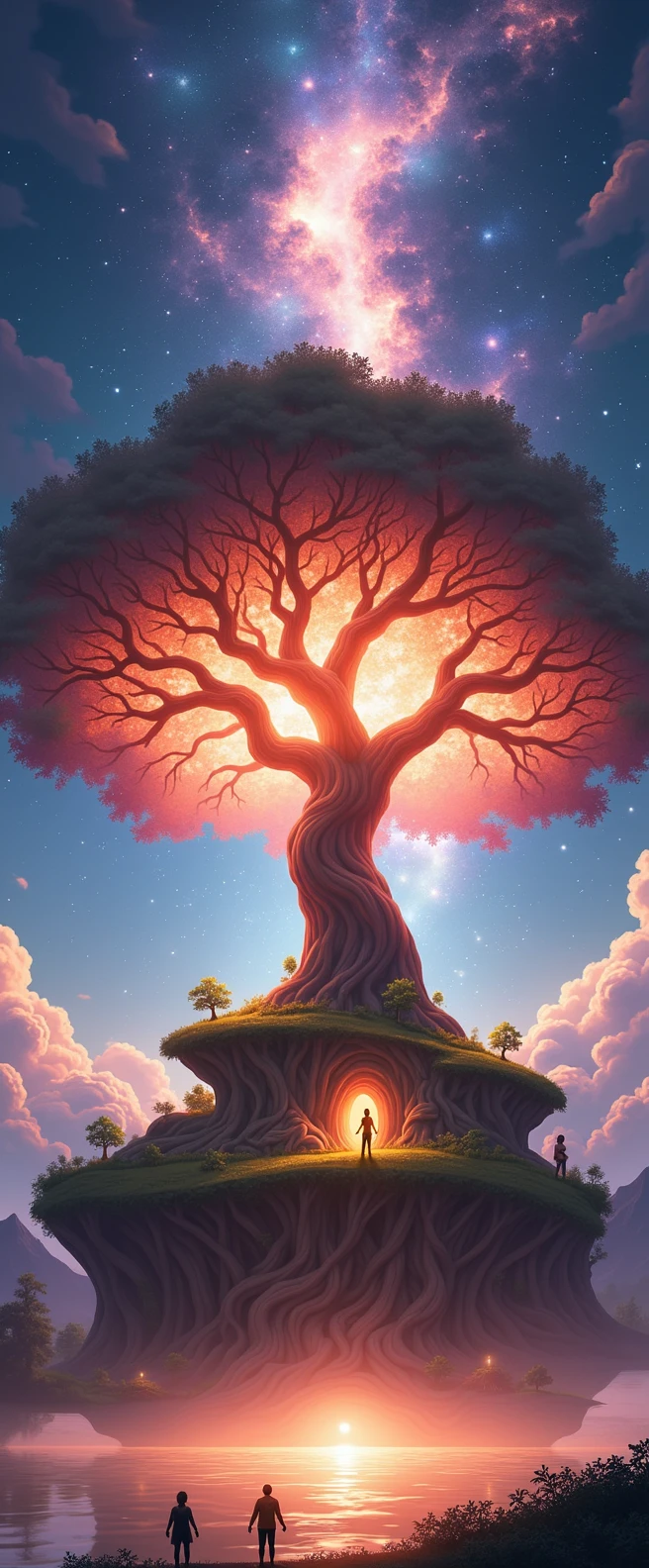 A big tree that stretches to the sky, Big tree on a small island in the lake, Trunk and branches piercing the sky, World Tree, Mystery Space, fog, Floating Spirit Light, gentle light effect, bright, ((wide angle lens, low angle shot:1.4)), (Highest quality:1.2, very detailed, detailed illustration, Attention to details, Masterpiece:1.2, The best aesthetics),