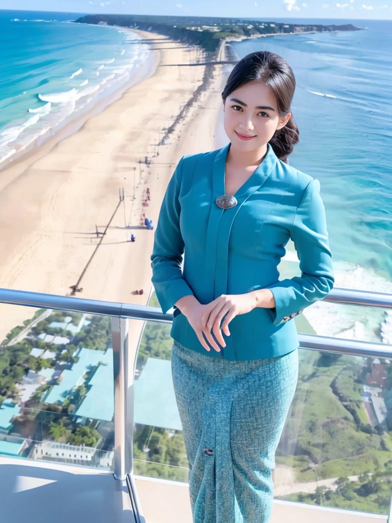1girl, solo, standing, at the beach, beautifully ocean scenery, cute little smirk, detailed eyes, thick medium breasts, smooth realistic skin, wearing flight attendant uniform, looking at the audience, (Overhead shot:1.3), (zoom out:1.4), (8k, RAW photo, best quality, masterpiece: 1.2), (realistic, realistic: 1.37), ultra-high resolution