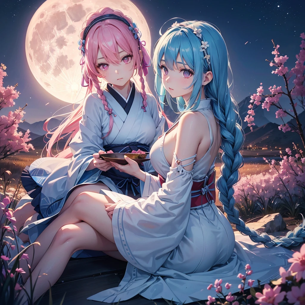 Sky blue hair, (1 braided hair), (Pink eyes),Fair skin)  ,(whole body),(One Girl),(White sweet dumplings ),Japanese pampas grass,(beautiful, Full moon shining in the night sky),(masterpiece, Highest quality, Very detailed, Best Shadow), (Detailed Background), (Beautifully detailed face), High Contrast, (Best lighting, Very delicate and beautiful), ((Cinematic Light)), Hyper Detail,8k, Dramatic Light, Intricate details,Sit down and eat dumplings,