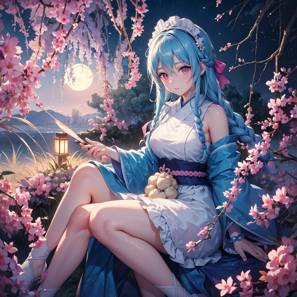 Sky blue hair, (1 braided hair), (Pink eyes),Fair skin) ,(whole body),(One Girl),(White sweet dumplings ),Japanese pampas grass,(beautiful, Full moon shining in the night sky),(masterpiece, Highest quality, Very detailed, Best Shadow), (Detailed Background), (Beautifully detailed face), High Contrast, (Best lighting, Very delicate and beautiful), ((Cinematic Light)), Hyper Detail,8k, Dramatic Light, Intricate details,Sit down and eat dumplings,