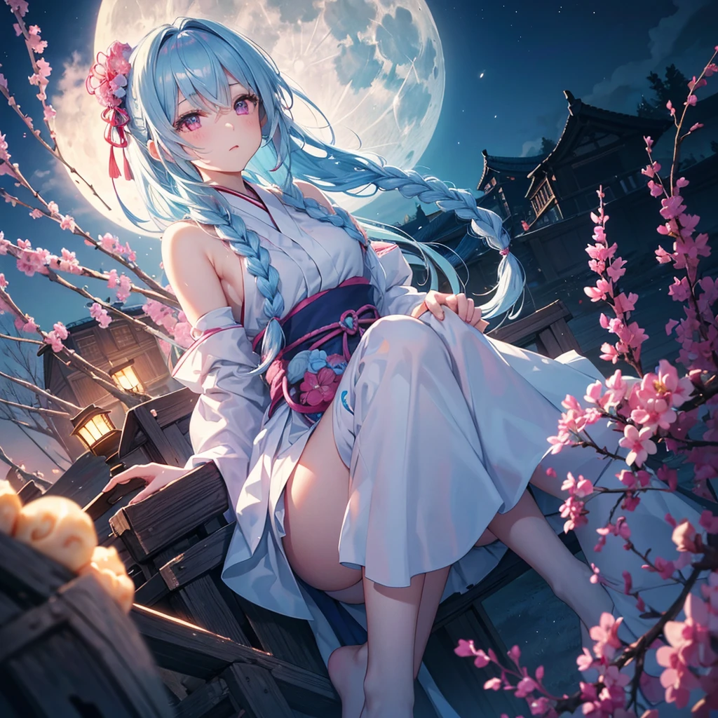 Sky blue hair, (1 braided hair), (Pink eyes),Fair skin)  ,(whole body),(One Girl),(White sweet dumplings ),Japanese pampas grass,(beautiful, Full moon shining in the night sky),(masterpiece, Highest quality, Very detailed, Best Shadow), (Detailed Background), (Beautifully detailed face), High Contrast, (Best lighting, Very delicate and beautiful), ((Cinematic Light)), colorful, Hyper Detail,8k, Dramatic Light, Intricate details,Sit down and eat dumplings