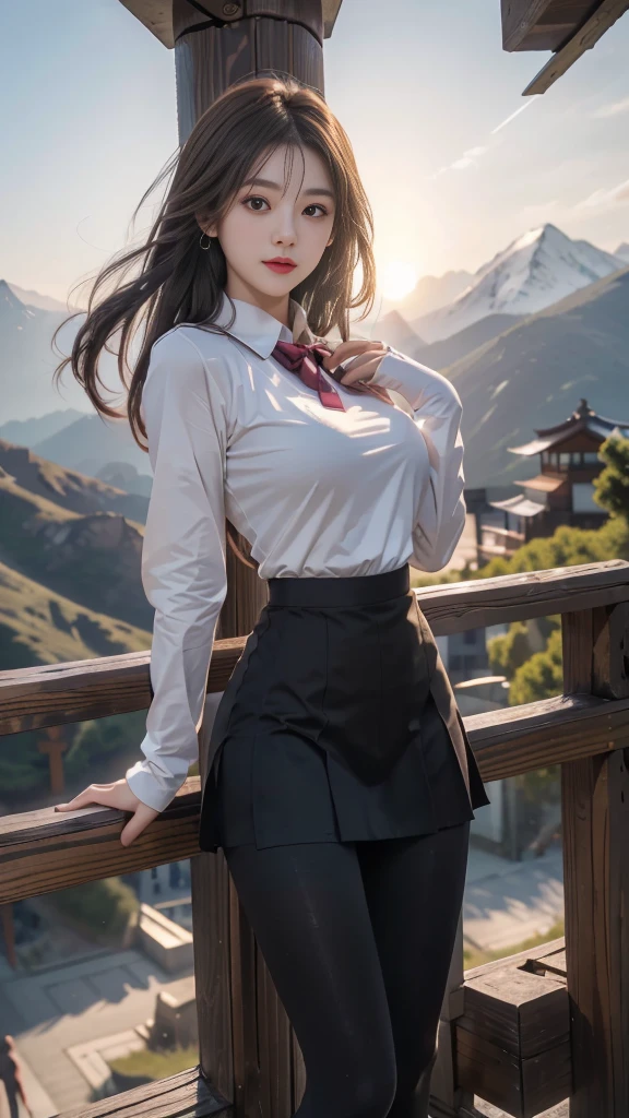 ulzzang-6500-v1.1, (RAW photo: 1.2), (Real photo), (Real photo: 1.4), 1 girl、Perfect anatomy、20 years old、Looking at the camera、Medium length hair、Uniform skirt, watching the sunset, ((in the mountains: 1.1))、(Hyperrealistic tights: 1.2), (Business service)、Asian eyes Ella,