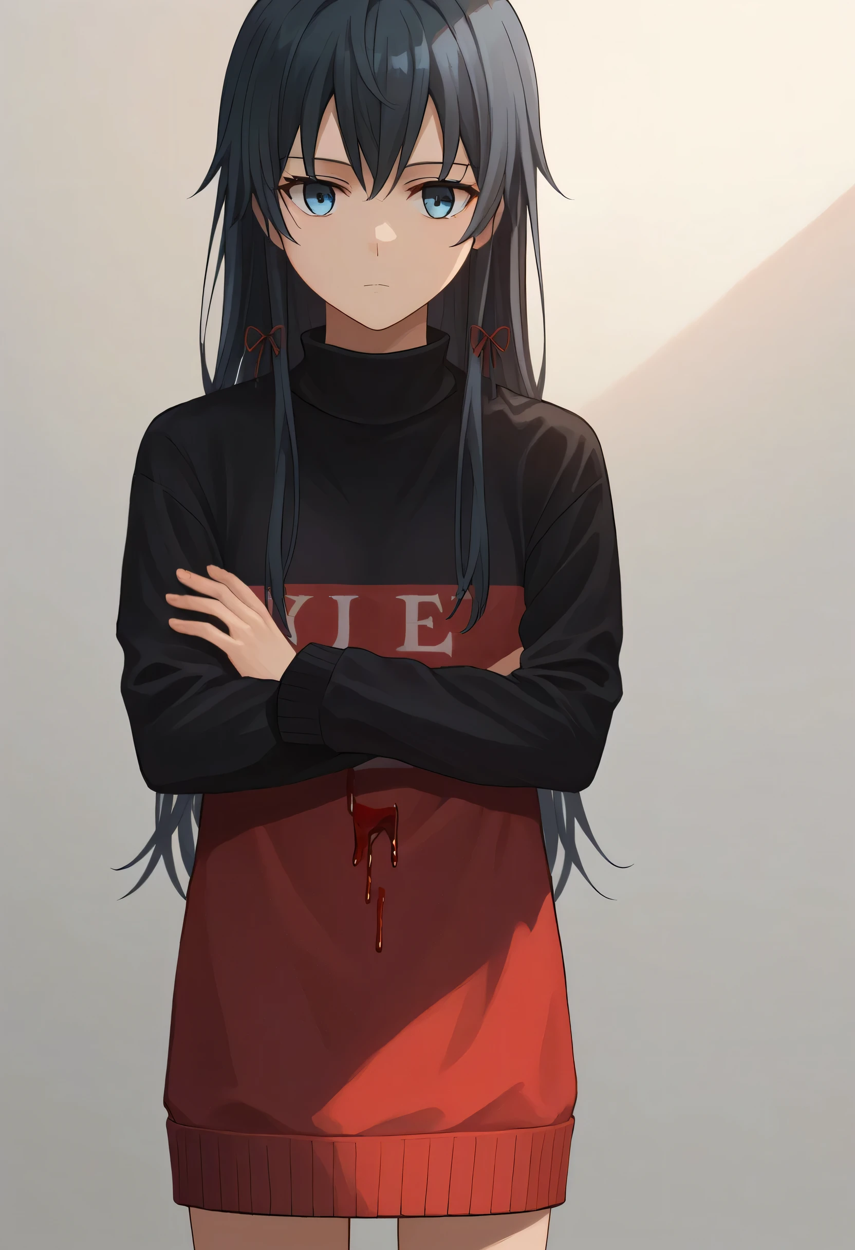 score_9, score_8_upper, score_7_upper, sauce_アニメ, alone, One girl, Yukinoshita Yukino, Expressionless, View your viewers, Arms crossed, Black sweater, Sweater dress, No background, upper半身