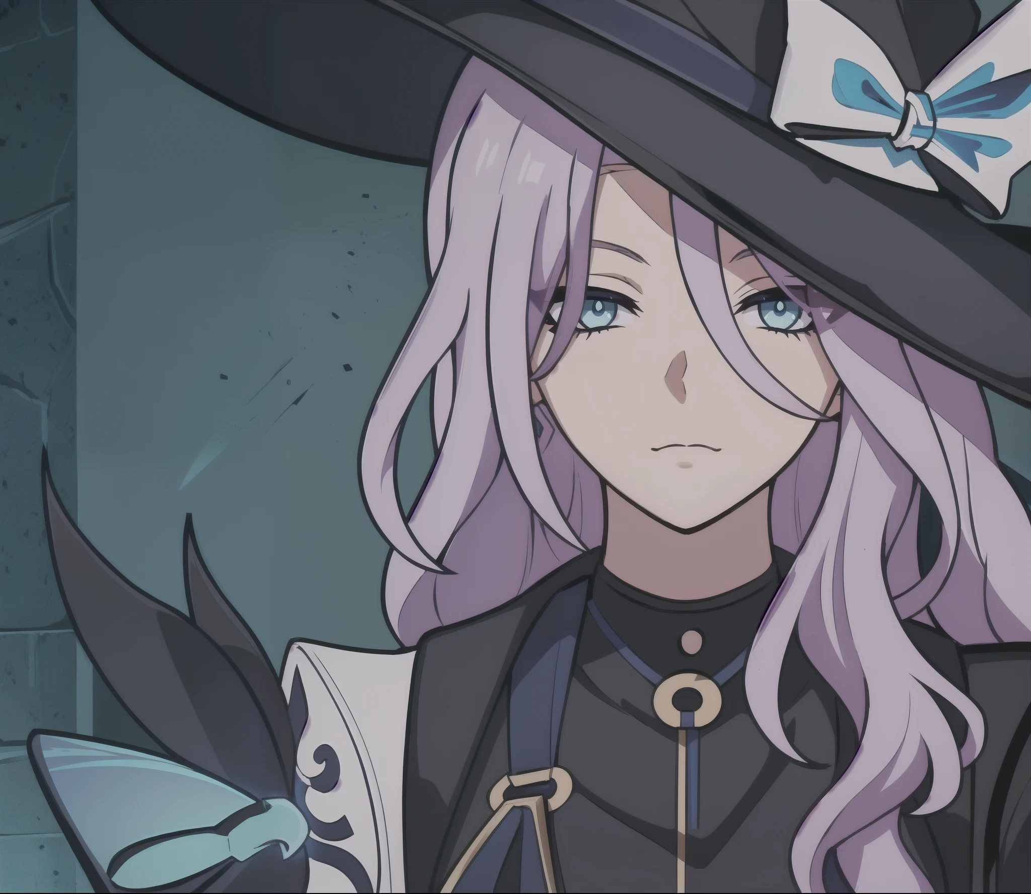 jade, light purple hair, blue eyes, snake eyes, hat, black clothes, navy blue clothes, 1girl, masterpiece, (beautiful and aesthetic:1. 5), thick black lineart, clean lineart, perfect lineart, variable lineart, clean anime outlines, intense line art, bold lineart, sharp lineart, best quality, high quality, best quality, ultra-detailed, colourful, saturated colours, dynamic lighting, HD,