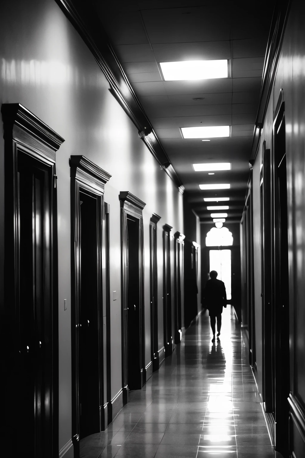 arafed hallway with people walking down it and a light on, a black and white photo by Harvey Pratt, flickr, barbizon school, in school hallway, hallways, dark hallways, endless hallways, high school, an empty hallway, long hall way, grainy tri-x pushed to 3200, tri - x, long hallway