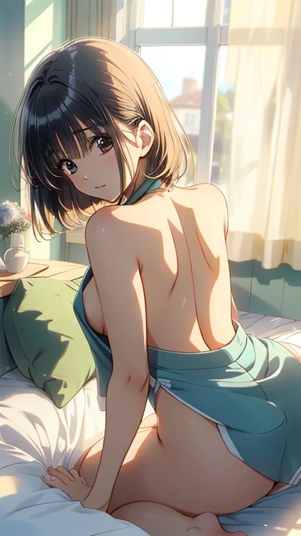 (((Naked body)))、Highest quality,Best image quality,In 8K,4K,masterpiece,Ultra-detailed,beautiful、super high quality, Highest quality,High resolution, Ultra-detailed,Game CG,緻密でbeautiful目, Visual Arts,Five Fingers, Perfect hands,beautiful女の子,(Highest quality, Tabletop:1.1), (Intricate details:1.2), ((Cowboy Shot, (Downward:1.2), Looking down, One girl, Emotionless face, Cyan Hair, Medium Hair, Hair above the eyes, White skin, (Sexy back、Vertical rib sweater dresREAK ( (huge toned legs:1.05), (Attractive ass:1.15), (Bedroom:1.2), (A faint light leaks through the window with the curtains closed:1.1)) On a gray background, decadent tones):0.8)、On all fours,Her butt is raised and facing the viewer、(Butt in full view)