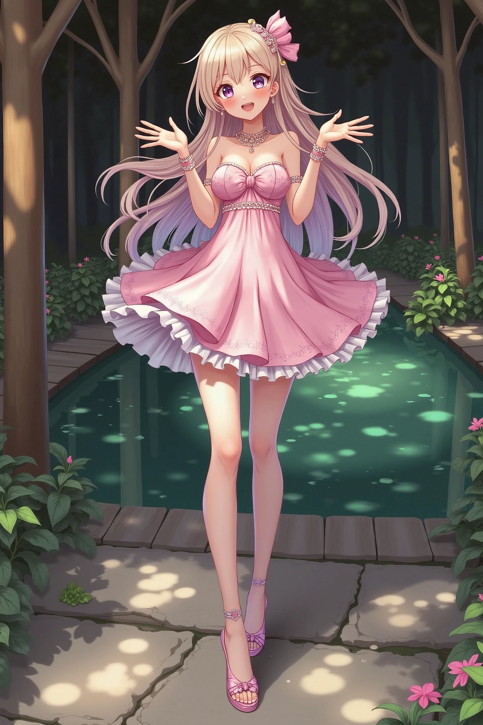 anime, Japanese super-cute idol standing in front of emerald green lake, dress, high heels, necklace, earrings, bracelet and anklet, She's waving her hands.