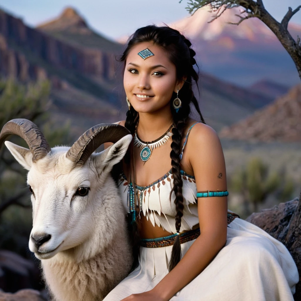 (grainy:0.5), cinematic, beautiful girls 25 year old native american,fantasy,(solo:1.3), detailed eyes, detailed face, detailed native american sexy clothing, volumetric lighting, dusk, extremely detailed background, standing next to tree and mountain, smiling, half closed brown eyes, tilted head, from side, sitting next to her Bighorn Sheep