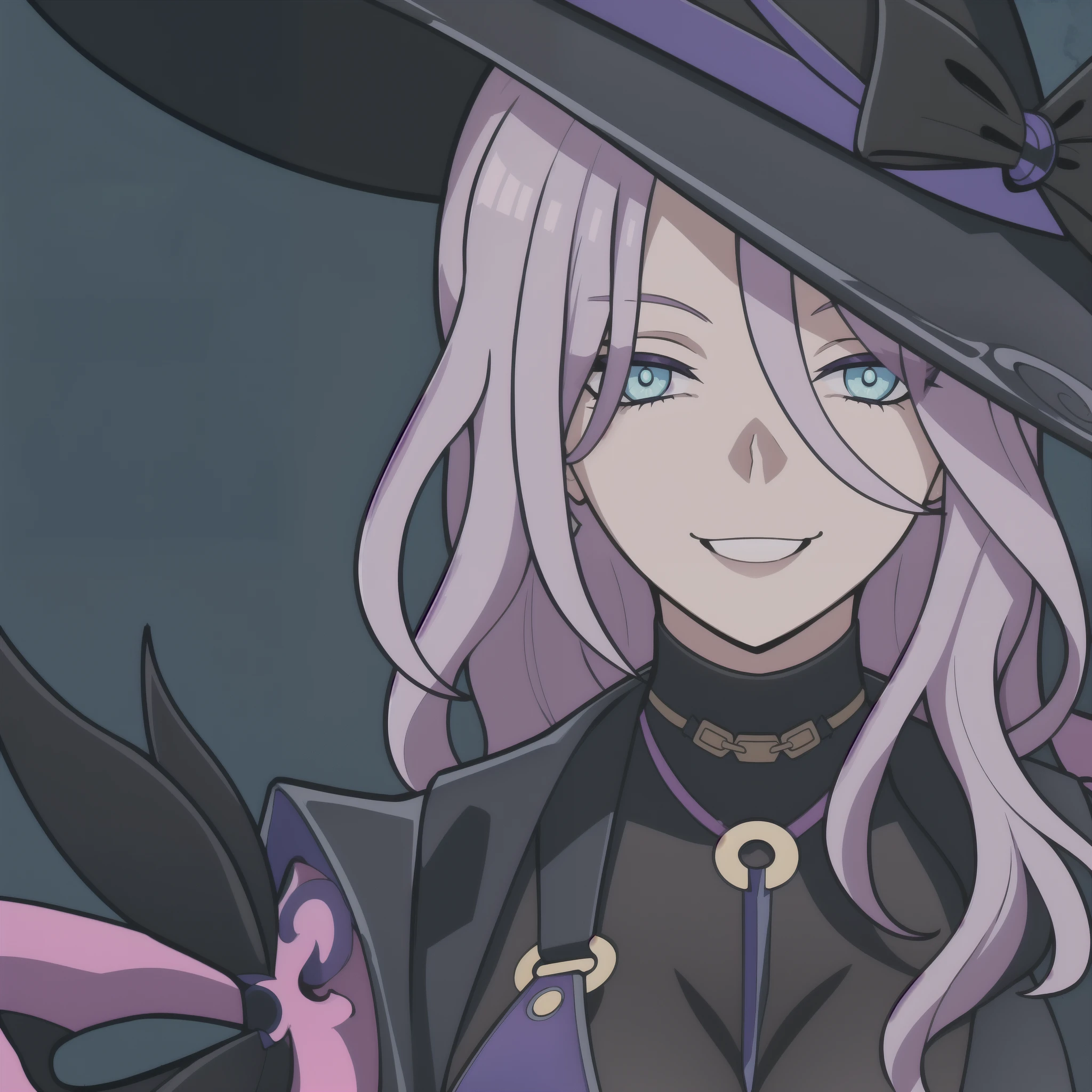 jade, light purple hair, blue eyes, snake eyes, hat, black clothes, navy blue clothes, 1girl, smiling, masterpiece, (beautiful and aesthetic:1. 5), thick black lineart, clean lineart, perfect lineart, variable lineart, clean anime outlines, intense line art, bold lineart, sharp lineart, best quality, high quality, best quality, ultra-detailed, colourful, saturated colours, dynamic lighting, HD,