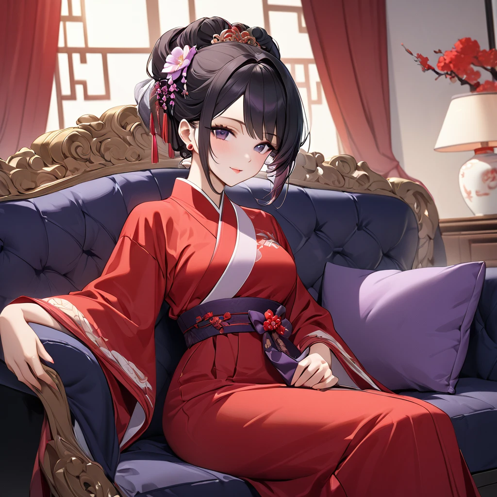 ((Highest quality)), ((masterpiece)), (detailed), (Perfect Face)、The woman is a Chinese woman named Kocho Shinobu.。, Purple gradient bob black hair and formal evening hairstyles. She is wearing an engagement ring. She is a prominent member of the Chinese Communist Party.、She is the wife of a great old Communist Party official.、The woman is beautifully dressed in the gorgeous and gorgeous red Hanfu that is typical of the Chinese Communist Party.、A poised and elegant Chinese lady sitting on a plush sofa in a luxurious room