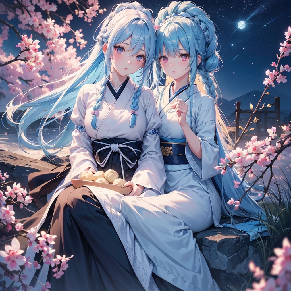 Sky blue hair, (Braided medium hair:1.2), Pink eyes,Fair skin ,(whole body),(One Girl),Tsukimi,(White sweet dumplings ),White round dumplings,Japanese pampas grass,(beautiful, Full moon shining in the night sky),(masterpiece, Highest quality, Very detailed, Best Shadow), (Detailed Background), (Beautifully detailed face), High Contrast, (Best lighting, Very delicate and beautiful), ((Cinematic Light)), colorful, Hyper Detail,8k, Dramatic Light, Intricate details,Sit and eat dumplings while watching the moon,mysterious