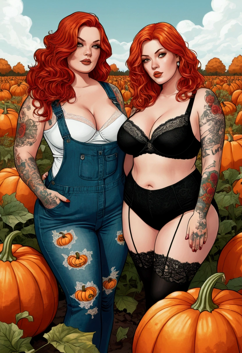 illustration of two beautiful curvy women standing in a pumpkin field. The person is viewed from the front, , wearing Loose overallswith thin lace enormous bra fuller chested 75h under. They have tattoos on their arms and back, featuring various designs like scary things and text. Their red hair curly