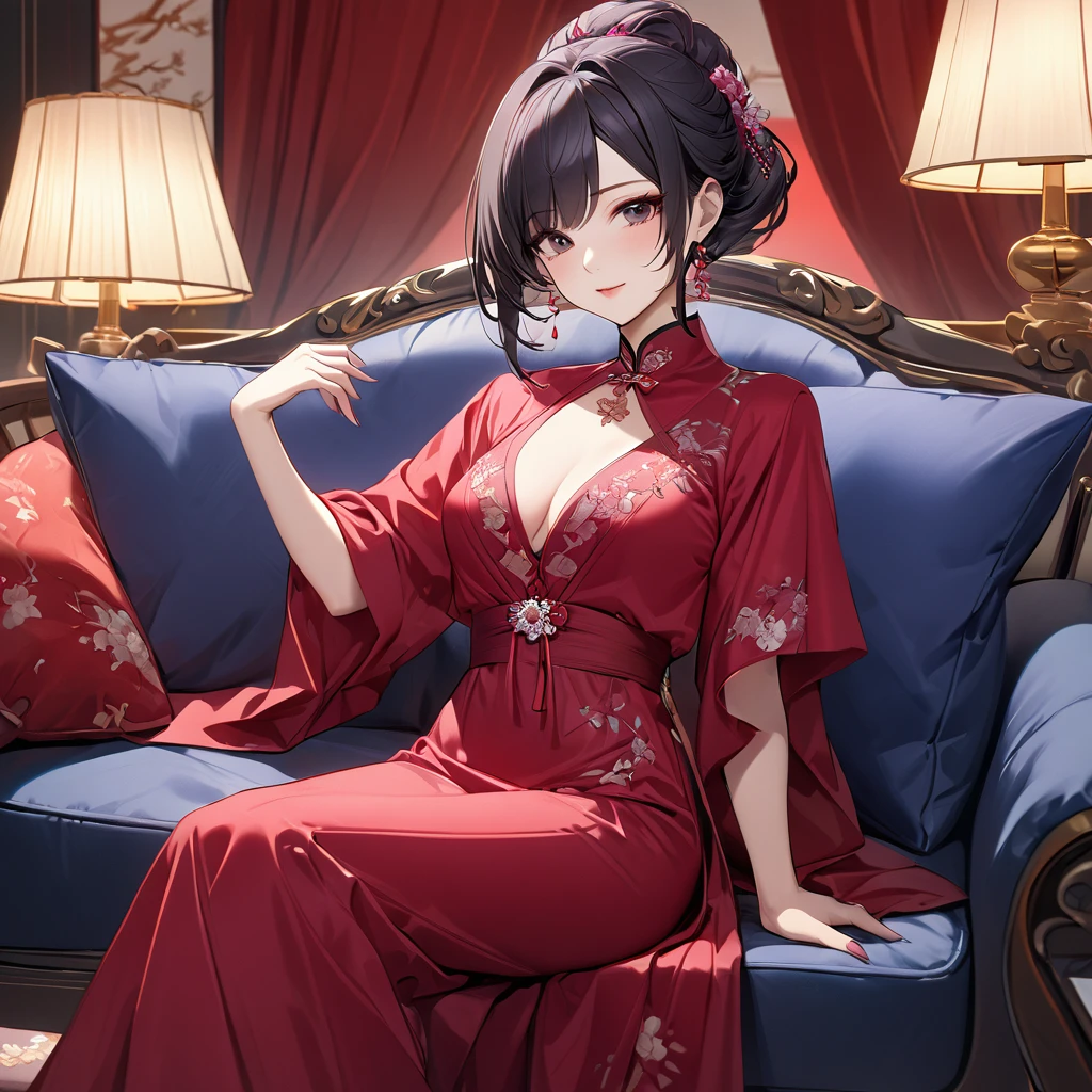 ((Highest quality)), ((masterpiece)), (detailed), (Perfect Face)、The woman is a Chinese woman named Kocho Shinobu.。, Purple gradient bob black hair and formal evening hairstyles. She is wearing an engagement ring. She is a prominent member of the Chinese Communist Party.、She is the wife of a great old Communist Party official.、The woman is beautifully dressed in a gorgeous red nightgown typical of the Chinese Communist Party.、A poised and elegant Chinese lady sitting on a plush sofa in a luxurious room