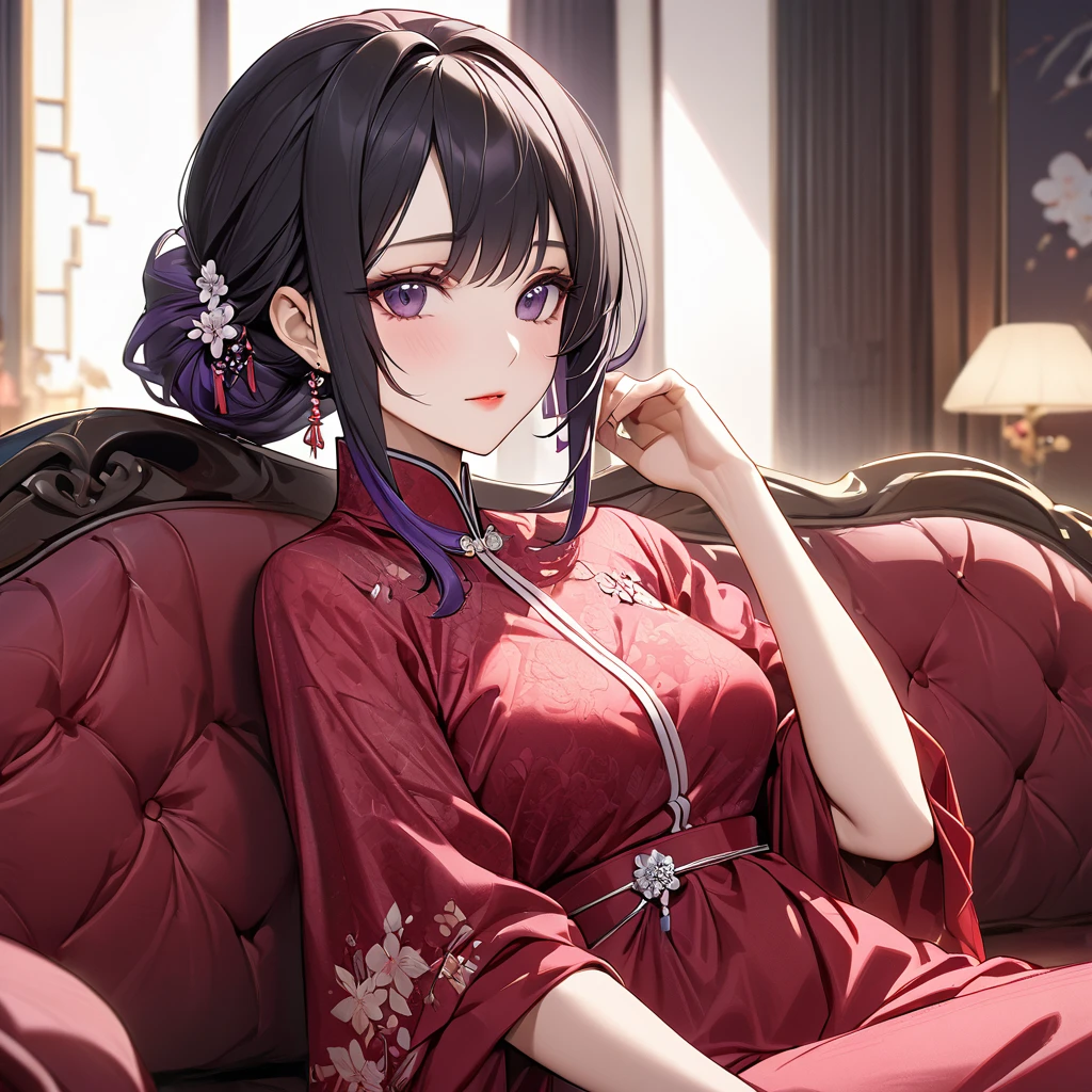 ((Highest quality)), ((masterpiece)), (detailed), (Perfect Face)、The woman is a Chinese woman named Kocho Shinobu.。, Purple gradient bob black hair and formal evening hairstyles. She is wearing an engagement ring. She is a prominent member of the Chinese Communist Party.、She is the wife of a great old Communist Party official.、The woman is beautifully dressed in a gorgeous red nightgown typical of the Chinese Communist Party.、A poised and elegant Chinese lady sitting on a plush sofa in a luxurious room