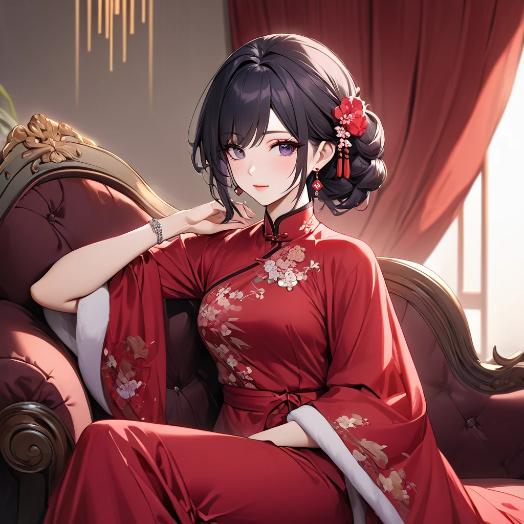 ((Highest quality)), ((masterpiece)), (detailed), （Perfect Face）、The woman is a Chinese woman named Kocho Shinobu.。, Purple gradient bob black hair and formal evening hairstyles. She is wearing an engagement ring. She is a prominent member of the Chinese Communist Party.、She is the wife of a great old Communist Party official.、The woman is beautifully dressed in a gorgeous red nightgown typical of the Chinese Communist Party.、A poised and elegant Chinese lady sitting on a plush sofa in a luxurious room