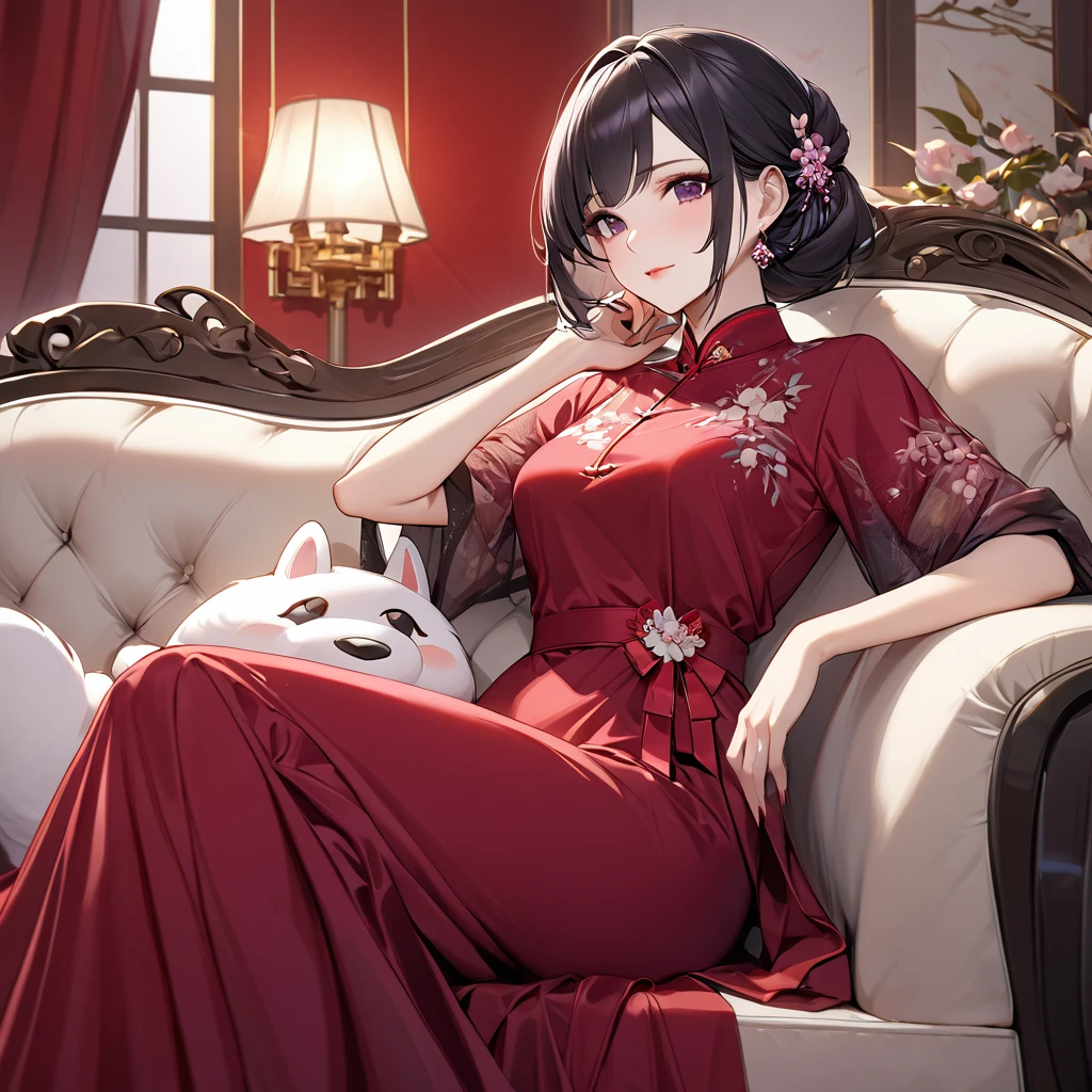 ((Highest quality)), ((masterpiece)), (detailed), (Perfect Face)、The woman is a Chinese woman named Kocho Shinobu.。, Purple gradient bob black hair and formal evening hairstyles. She is wearing an engagement ring. She is a prominent member of the Chinese Communist Party.、She is the wife of a great old Communist Party official.、The woman is beautifully dressed in a gorgeous red nightgown typical of the Chinese Communist Party.、A poised and elegant Chinese lady sitting on a plush sofa in a luxurious room