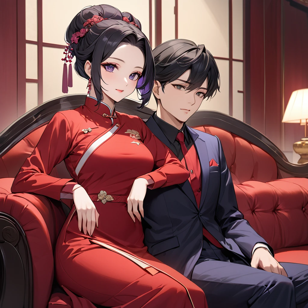 ((Highest quality)), ((masterpiece)), (detailed), (Perfect Face)、The woman is a Chinese woman named Kocho Shinobu.。, Purple gradient bob black hair and formal evening hairstyles. She is wearing an engagement ring. She is a prominent member of the Chinese Communist Party.、She is the wife of a great old Communist Party official.、The women are beautifully dressed in the gorgeous and glamorous red Mao suits typical of the Chinese Communist Party.、A poised and elegant Chinese lady sitting on a plush sofa in a luxurious room