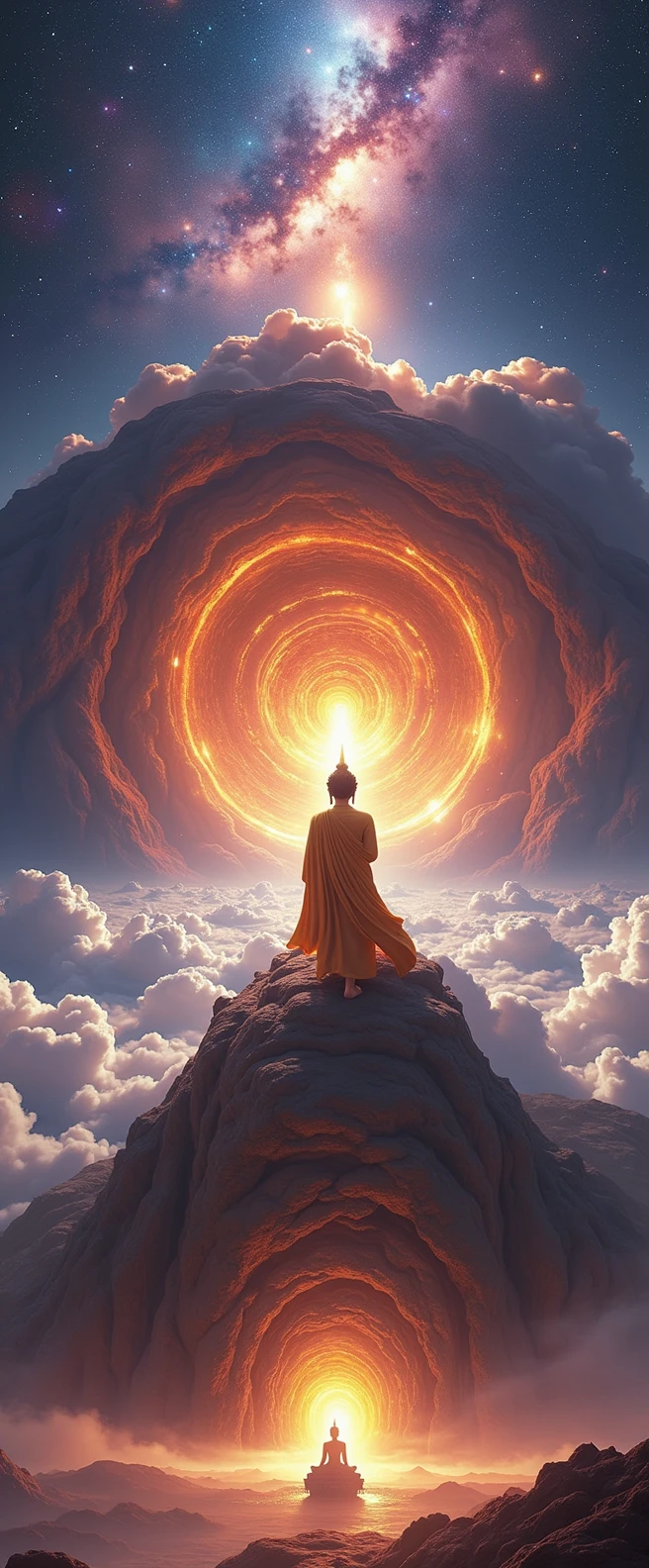stars，Infinite space，The great Maitreya Buddha hurried towards the enormous space-time tunnel.，Highly detailed portrait of a large golden Buddha with the sun god&#39;s halo.，break through，depth of field，((Masterpiece))，(best quality))，Beautiful space scene，Surrealism, Superb details, correct, best quality, Hyper HD, Masterpiece, correctตามหลักกายวิภาคศาสตร์, High resolution, 16ก