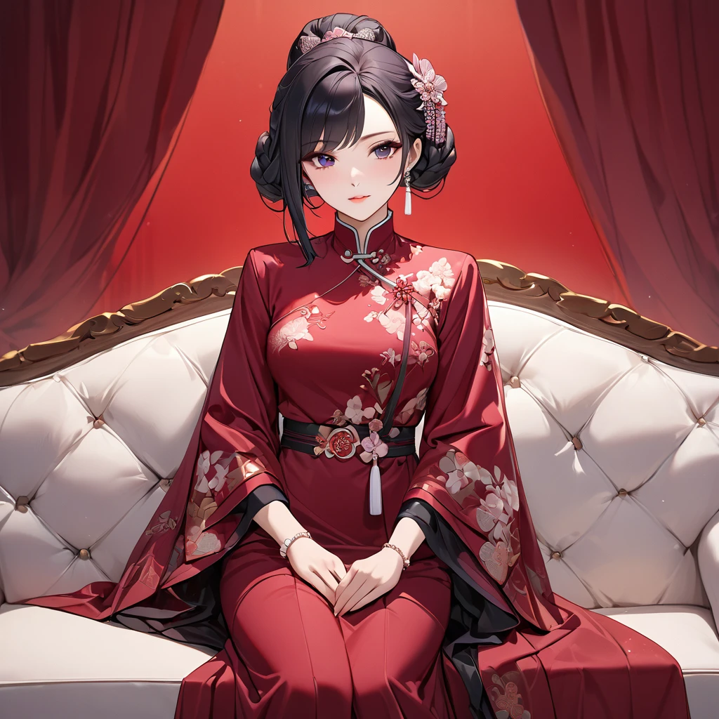 ((Highest quality)), ((masterpiece)), (detailed), (Perfect Face)、The woman is a Chinese woman named Kocho Shinobu.。, Purple gradient bob black hair and formal evening hairstyles. She is wearing an engagement ring. She is a prominent member of the Chinese Communist Party.、She is the wife of a great old Communist Party official.、The woman is beautifully dressed in a gorgeous and glamorous red formal suit, typical of the Chinese Communist Party.、A poised and elegant Chinese lady sitting on a plush sofa in a luxurious room