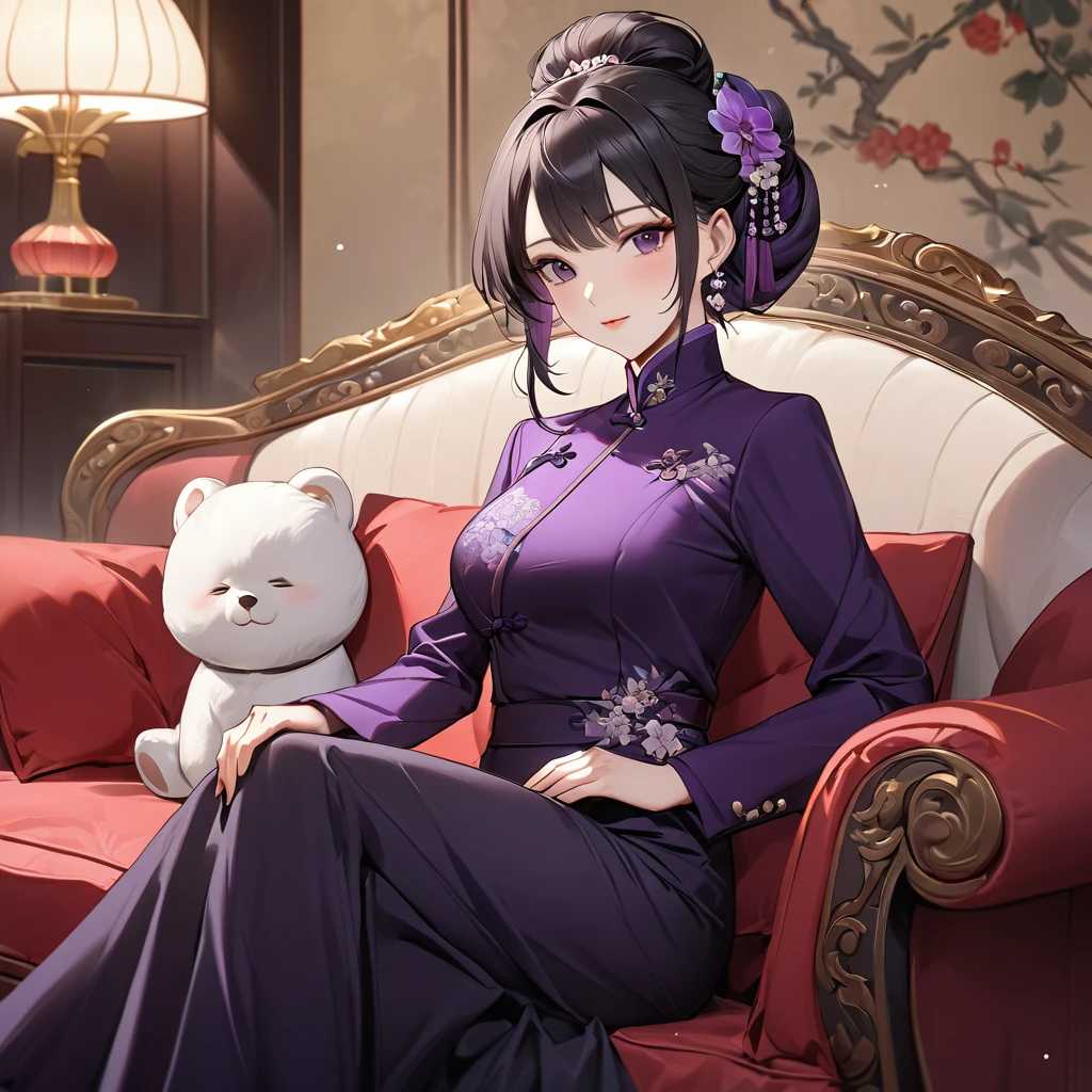((Highest quality)), ((masterpiece)), (detailed), (Perfect Face)、The woman is a Chinese woman named Kocho Shinobu.。, Purple gradient bob black hair and formal evening hairstyles. She is wearing an engagement ring. She is a prominent member of the Chinese Communist Party.、She is the wife of a great old Communist Party official.、The woman is beautifully dressed in a gorgeous and glamorous red formal suit, typical of the Chinese Communist Party.、A poised and elegant Chinese lady sitting on a plush sofa in a luxurious room