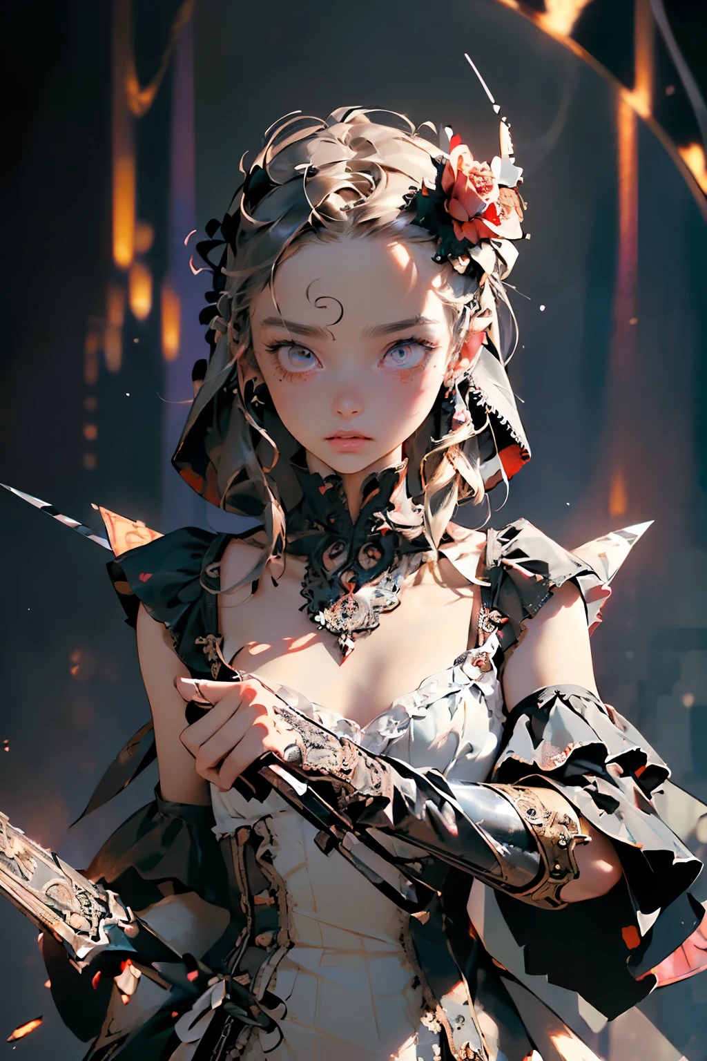 (((masterpiece, of the highest quality, super detailed))), (a female knight of an occult order), ((((wielding a sword with a digital glitch-like effect to the blade as though it is rapidly flickering in and out of reality with a very slight warping effect around it similar to gravitational lensing)))), Edwardian/Victorian era inspired, ((minimal but intricate beautiful armour)),  Fluttering lace flared dress with frilly petticoats, ((((Highly detailed face))), (((Very sharp focused eyes))), very long eyelashes, small breasts, (((flat chest:1.1))), occult aesthetic, (red and white clothing detailed and intricate steampunk and detailed gothic), (with a hood), complex lace boots