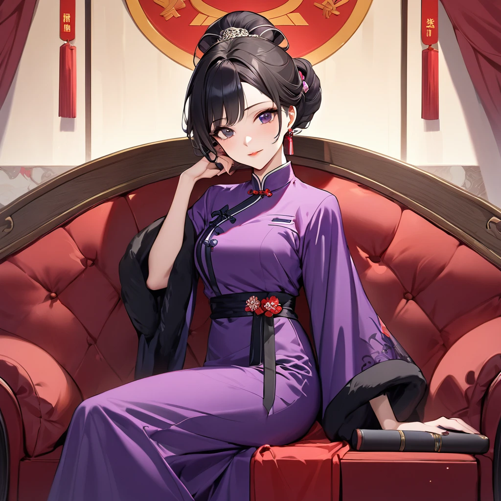 ((Highest quality)), ((masterpiece)), (detailed), (Perfect Face)、The woman is a Chinese woman named Kocho Shinobu.。, Purple gradient bob black hair and formal evening hairstyles. She is wearing an engagement ring. She is a prominent member of the Chinese Communist Party.、She is the wife of a great old Communist Party official.、The woman is beautifully dressed in the gorgeous and glamorous red Chinese Communist Party costume that is typical of the Chinese Communist Party.、A poised and elegant Chinese lady sitting on a plush sofa in a luxurious room
