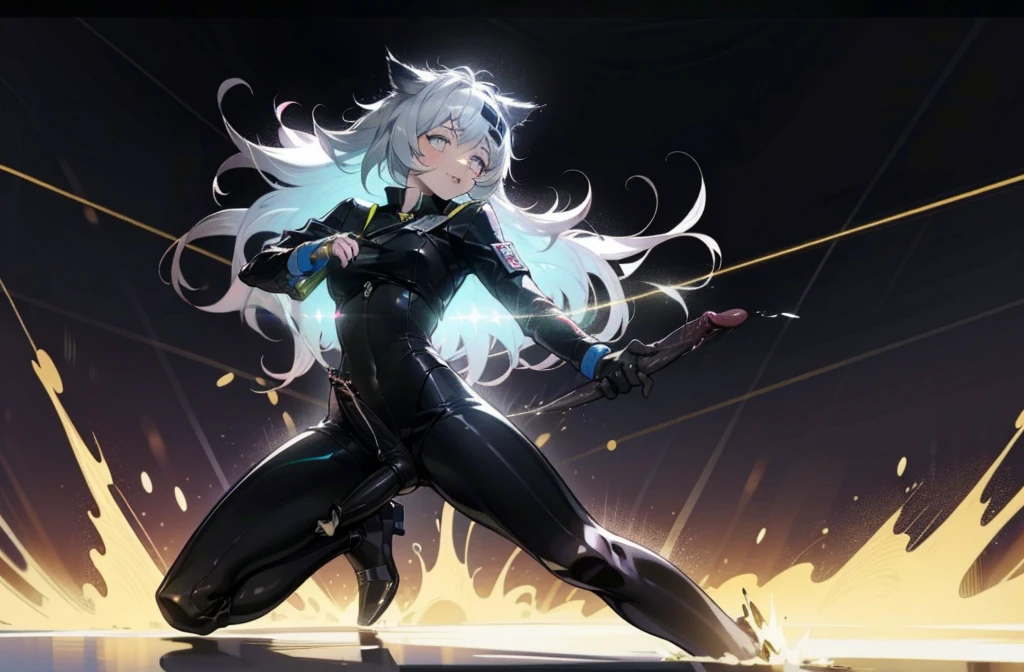 ((Highest quality)), ((masterpiece)), ((detailed)),(Browsing Caution)
(8k) delicate
(Gray bodysuit)((girl,Jet black penis))
Long Hair, hot, Glowing Skin Fighting pose