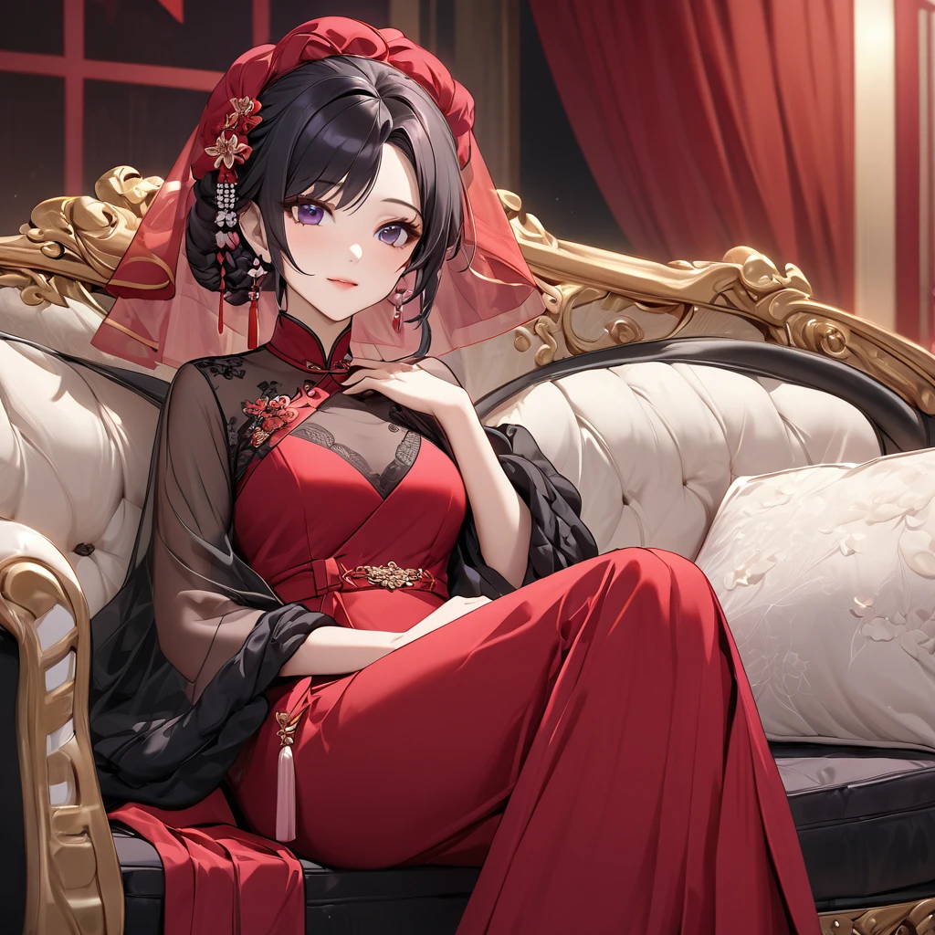 ((Highest quality)), ((masterpiece)), (detailed), (Perfect Face)、The woman is a Chinese woman named Kocho Shinobu.。, Purple gradient bob black hair and formal evening hairstyles. She is wearing an engagement ring. She is a prominent member of the Chinese Communist Party.、She is the wife of a great old Communist Party official.、The woman is beautifully dressed in a gorgeous, see-through red dress and a see-through red veil, typical of the Chinese Communist Party.、A poised and elegant Chinese lady sitting on a plush sofa in a luxurious room