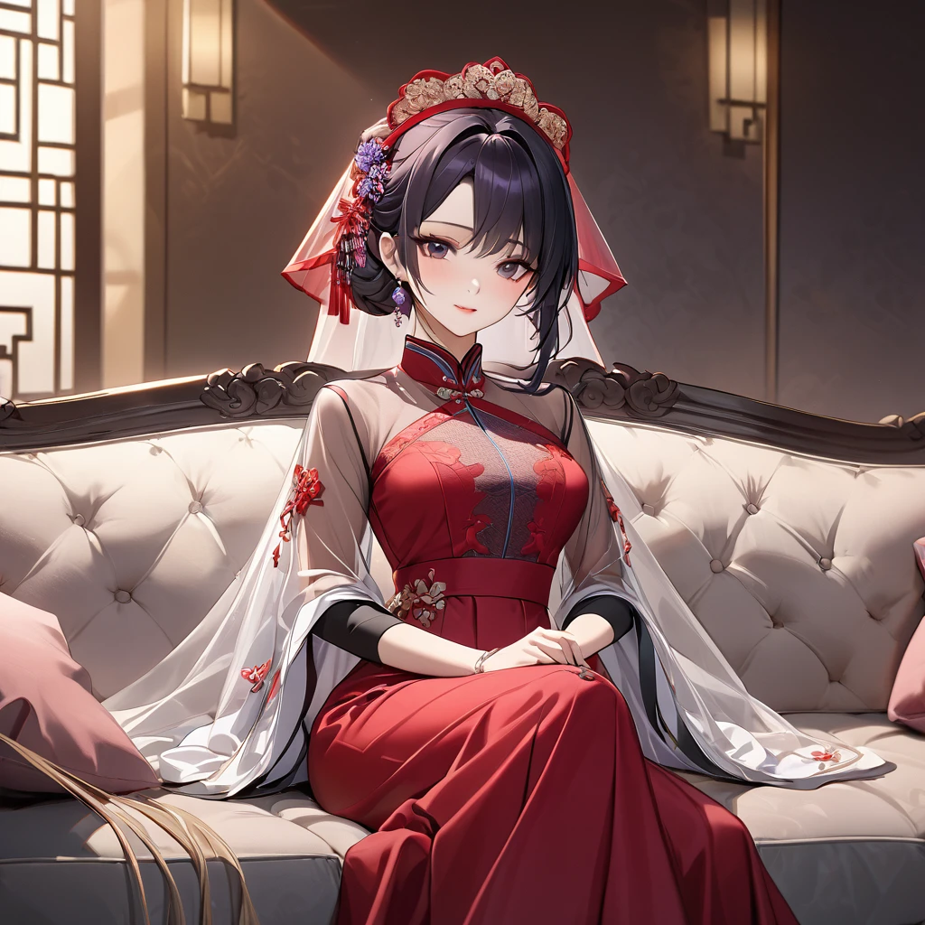 ((Highest quality)), ((masterpiece)), (detailed), （Perfect Face）、The woman is a Chinese woman named Kocho Shinobu.。, Purple gradient bob black hair and formal evening hairstyles. She is wearing an engagement ring. She is a prominent member of the Chinese Communist Party.、She is the wife of a great old Communist Party official.、The woman is beautifully dressed in a gorgeous, see-through red dress and a see-through red veil, typical of the Chinese Communist Party.、A poised and elegant Chinese lady sitting on a plush sofa in a luxurious room
