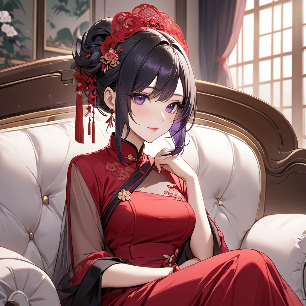 ((Highest quality)), ((masterpiece)), (detailed), (Perfect Face)、The woman is a Chinese woman named Kocho Shinobu.。, Purple gradient bob black hair and formal evening hairstyles. She is wearing an engagement ring. She is a prominent member of the Chinese Communist Party.、She is the wife of a great old Communist Party official.、The woman is beautifully dressed in a gorgeous, see-through red dress and a see-through red veil, typical of the Chinese Communist Party.、A poised and elegant Chinese lady sitting on a plush sofa in a luxurious room