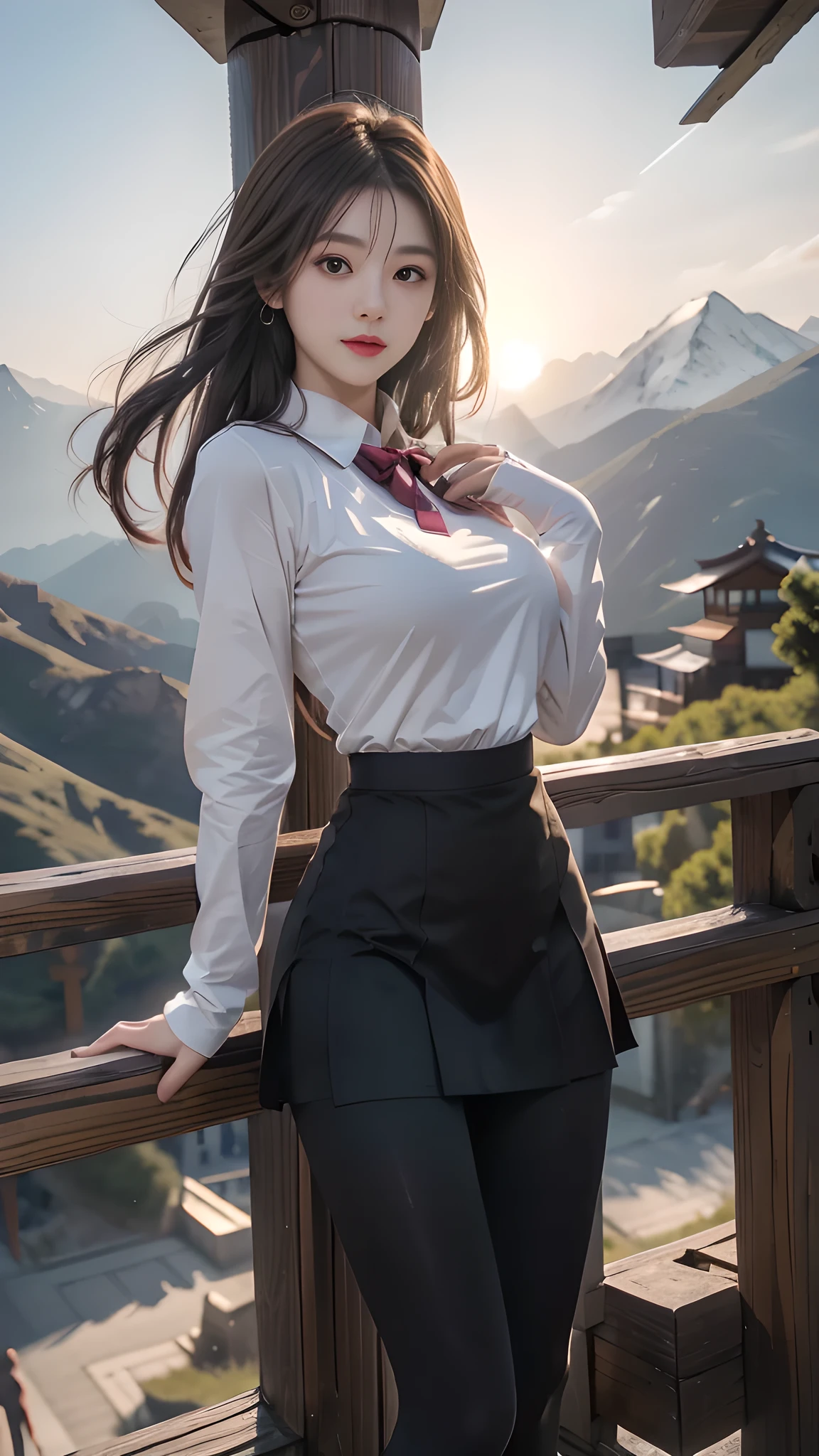 ulzzang-6500-v1.1, (RAW photo: 1.2), (Real photo), (Real photo: 1.4), 1 girl、Perfect anatomy、20 years old、Looking at the camera、Medium length hair、Uniform skirt, watching the sunset, ((in the mountains: 1.1))、(Hyperrealistic tights: 1.2), (Business service)、Asian eyes Ella,