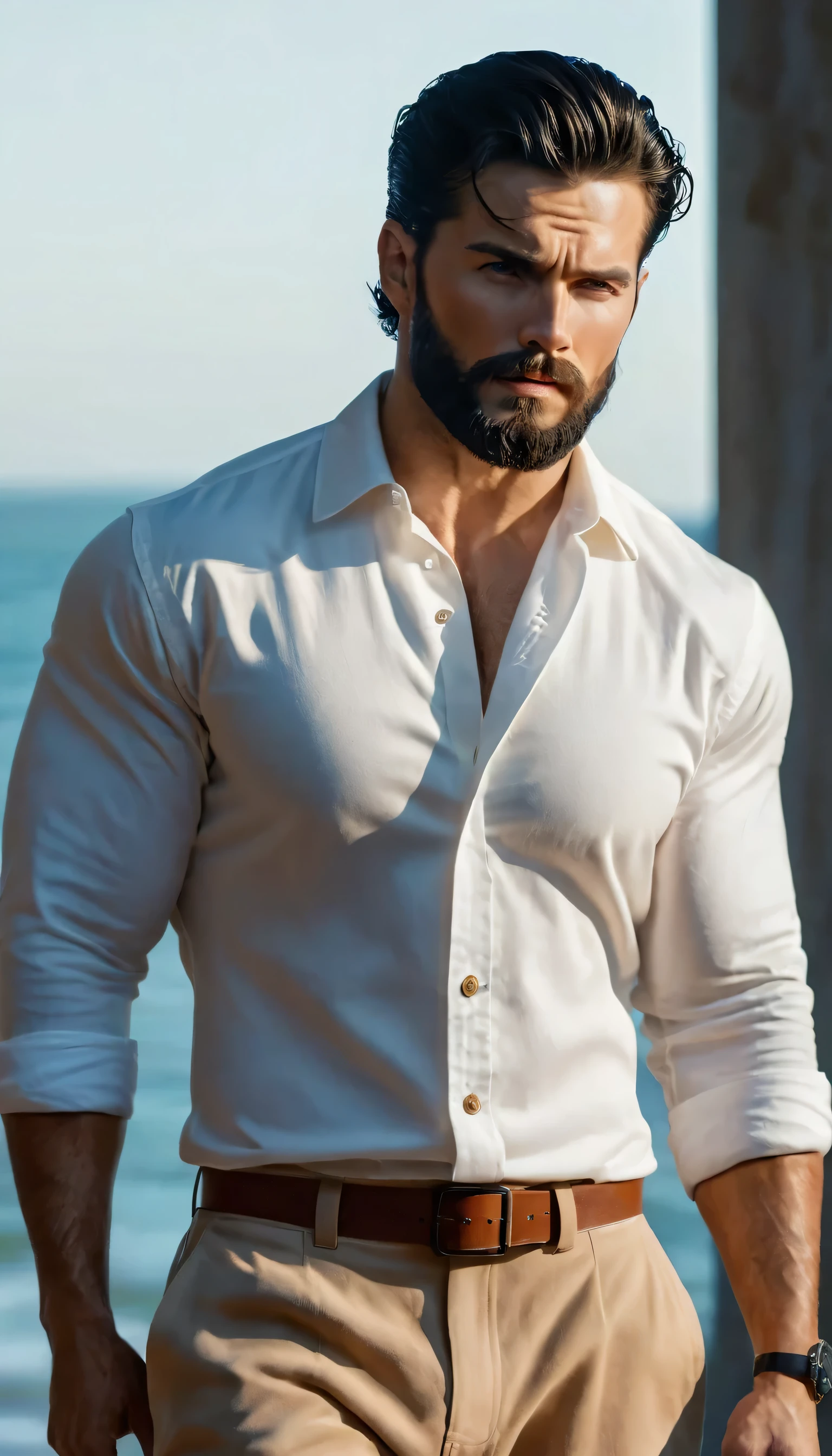 Masterpiece, highest quality, ultra detailed, realistic, handsome man, caucasian man, black hair, medium length hair, hair swept back, full beard, muscular body, white button up shirt, tan chino pants, cinematic lighting