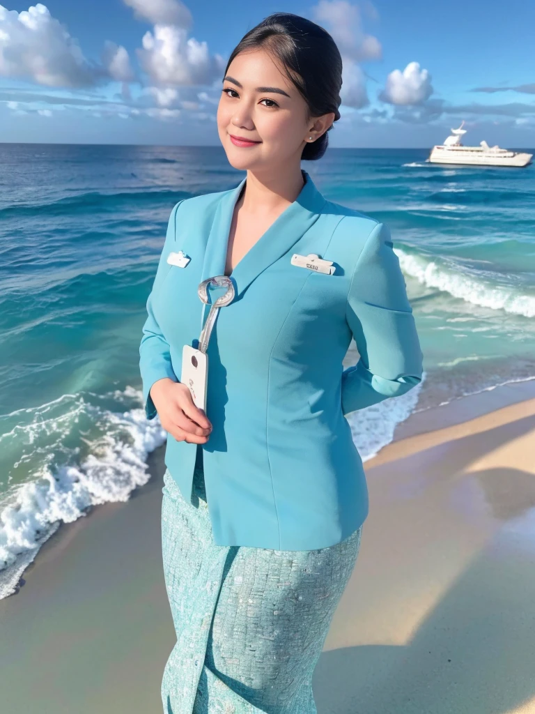 1girl, solo, standing, at the beach,  beautifully ocean scenery, cute little smirk, detailed eyes, thick medium breasts, smooth realistic skin, wearing flight attendant uniform, looking at the audience, (Overhead shot:1.3), (zoom out:1.4), (8k, RAW photo, best quality, masterpiece: 1.2), (realistic, realistic: 1.37), ultra-high resolution