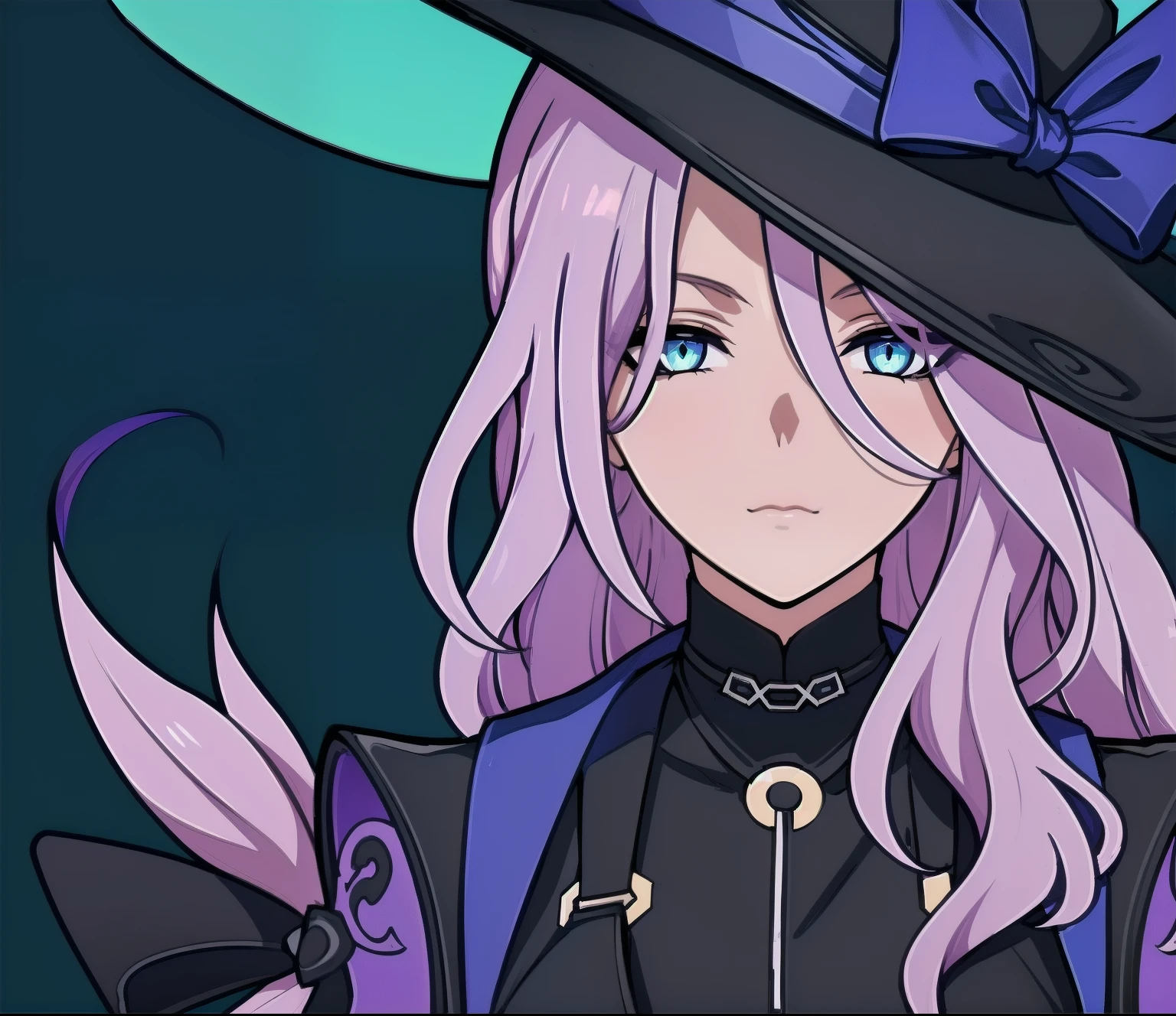 jade, light purple hair, blue eyes, snake eyes, hat, black clothes, navy blue clothes, 1girl, masterpiece, (beautiful and aesthetic:1. 5), thick black lineart, clean lineart, perfect lineart, variable lineart, clean anime outlines, intense line art, bold lineart, sharp lineart, best quality, high quality, best quality, ultra-detailed, colourful, saturated colours, dynamic lighting, HD,