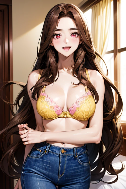 Very detailed、highest quality、Best image quality、masterpiece、8k、Anime Face、A kind smile、Open Mouth、((brown long hair:1.5))、big breast, sexy、 beautiful body 、Cowboy Shot, Sexual Intercourse, ((pink eyes)), hotel bedroom, ((( Jeans))), (((yellow bra)))