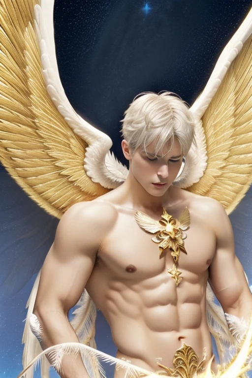 Full body shot (close-up:1.5),muscle,menstoga,in white and gold costume, male focus, solo, 1boy, (bare shoulders),looking at viewer, ice blue eyes,nude, naked (Seraphim:1.5), (multiple wings:1.5), in the sky, (floating:1.3), (midair:1.5), cloudan with wings), angel wings, glowing, bloom, platinum hair, outdoors, stars,golden feathers, (gold magic swirling),(Masculine face:1.2), half body shot 