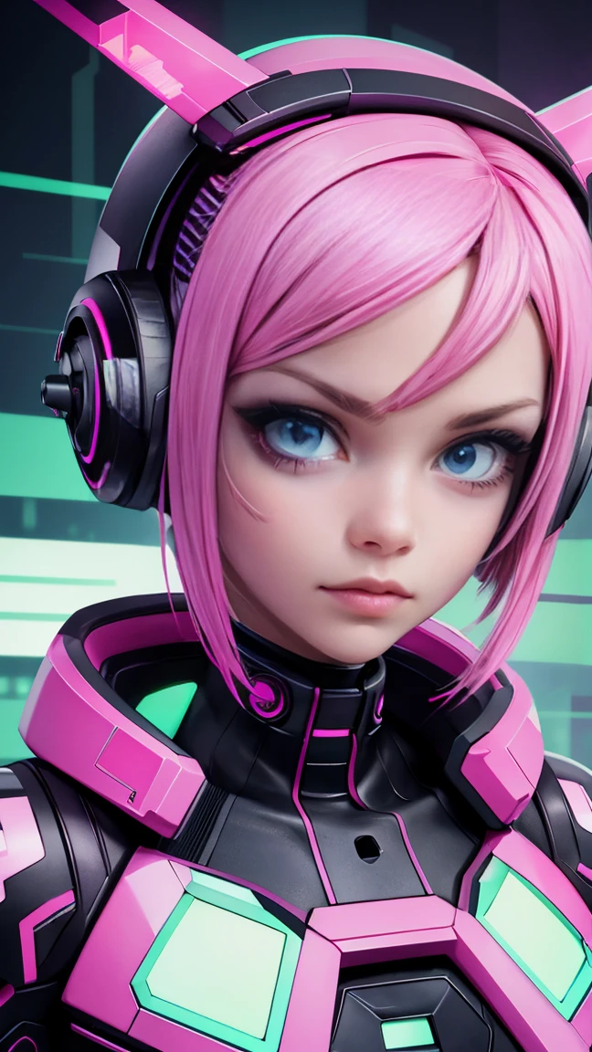 solo, front view, 1girl, PORTRAIT, (electric Pink hair), (electric green eyes), ((Cyber punk outfit)), (symmetrical eyes), (Perfect face), (Perfect Anatomy), (looking at viewer), (cyber shot), ((Glitch Art background)), (glitch art:1.3) ((glitch effect)), (8k), (HD), (Cinematography)