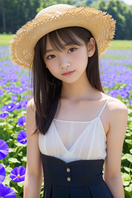 (8k),(masterpiece),(High resolution),(Realistic:1.4),Japanese,(),Childish:1.3,((Innocent look)),Pure,from the front,Shy laugh,((cute)),((超cute)),Innocent,Kind eyes,((Double Eyes)),(Dark Eyes),Beautiful eye and skin details,(Realistic skin texture:1.3),(((High nose:1.3))),White camisole dress,Her clothes are transparent and her skin is visible,(Clothes are see-through and nipples are visible),Décolletage,((Embarrassing:1.3)),((Shy:1.4)),Blushing,Black Hair,Child body type:1.5,((Slender)),summer,noon,bright,Morning glory flower field,Straw hat,(((flat chest:1.5)))