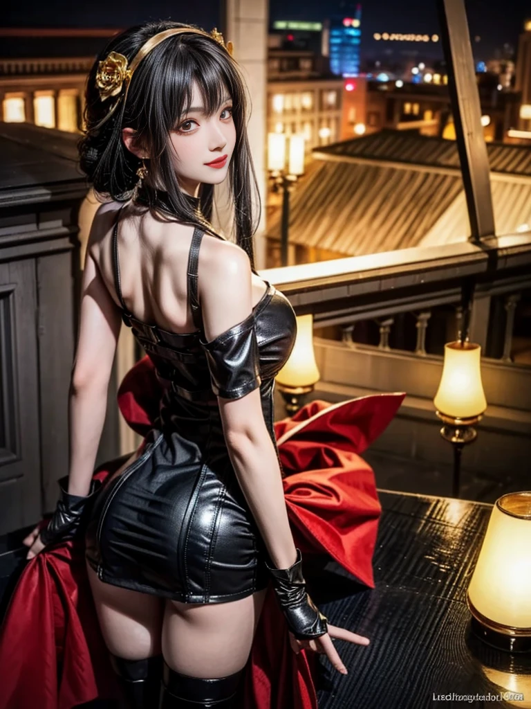 (Highest quality, 4K, masterpiece :1.3), Beautiful woman, Surreal, 1 girl,),Ajolf, Side Lock,Short hair and long straight hair, Gold Hair Band, Gold earrings, Gold Hair Ornament, Big Breasts, Exposing shoulders, Black Dress, Double-sided dress with red rose cape, choker, Thigh-high boots, , Fingerless gloves, Thigh-high boots,Slender beauty, (Huge breasts, Attractive body :1.2), Abdominal exercises :1.1, Long black hair 1.1, Highly detailed face, Lip details, Beautiful Eyes, double eyelid, Sexy low neck dress, Open neckline, Twisting waist pose, Visible curves,Muscular, Bent legs, Yugal, masterpiece, Highest quality, High resolution, aaYugalf,Cowboy Shot, Are standing, Looking at the audience, Outdoor, night, (Perfect Anatomy:1.Big Ass, jewelry, Off the shoulder, Black Pantyhose, Cute Smile, Beautiful and bright lighting, Beautiful breasts,Place your hands behind your back,
